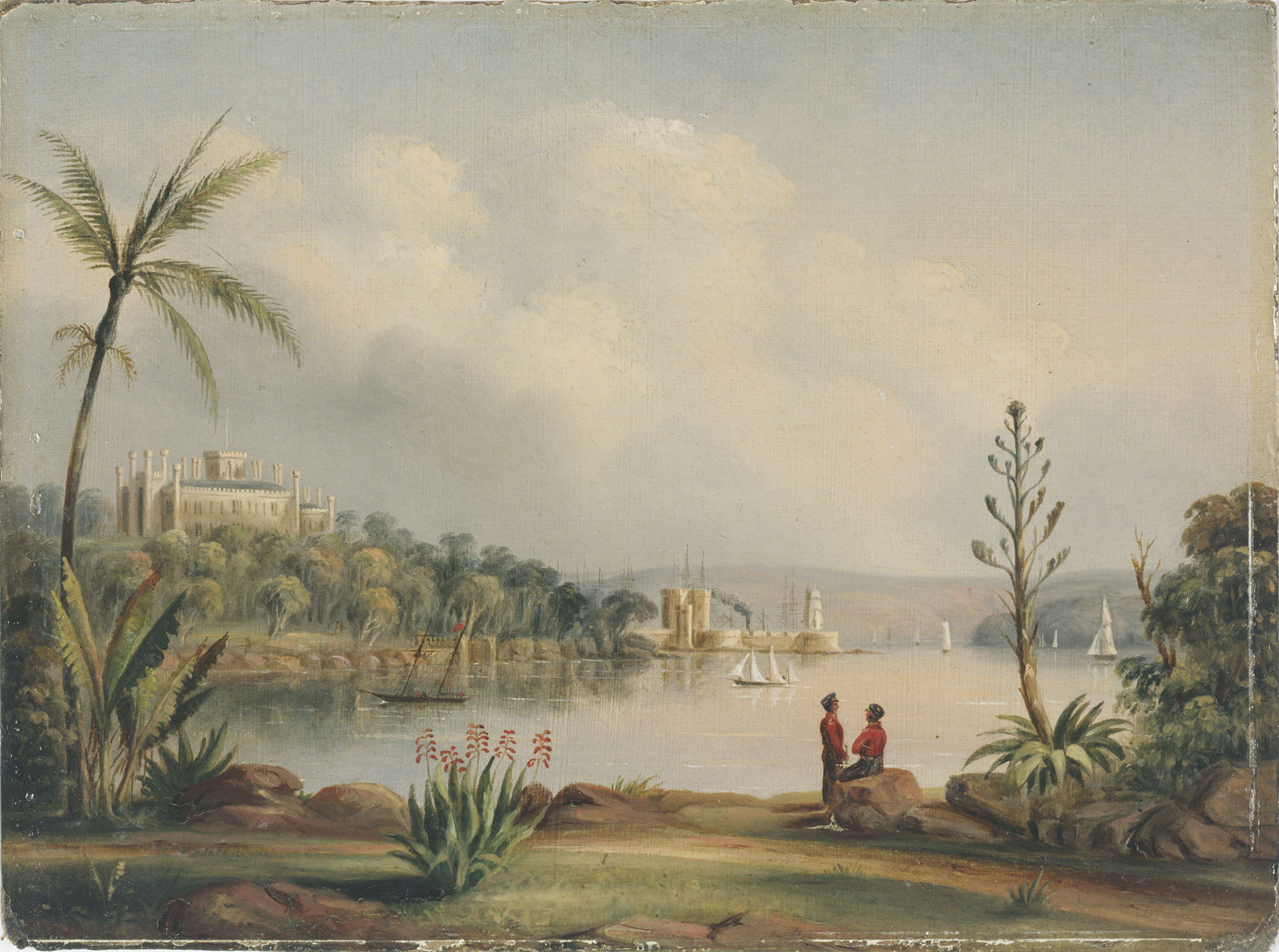 A painting: two soldiers in colonial military dress sit on a rock in the foreground looking across the harbour toward Government House, the top of which appears above the trees on the far shore. Sailboats are dotted across the water.
