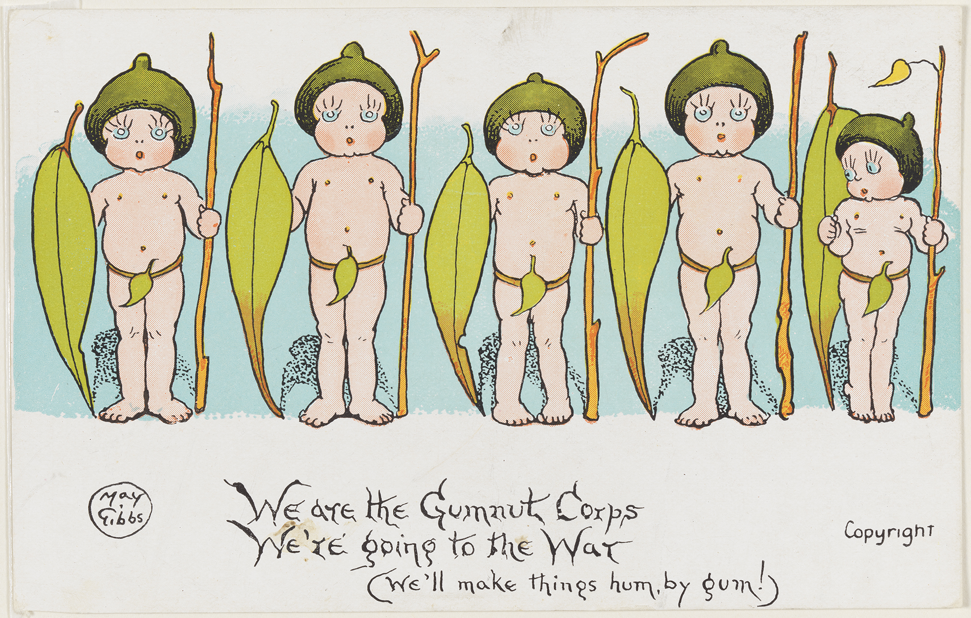 Post card picturing illustration of line of naked children wearing gum nut hats and holding gum leaf 'shields' and twig 'spears'. 