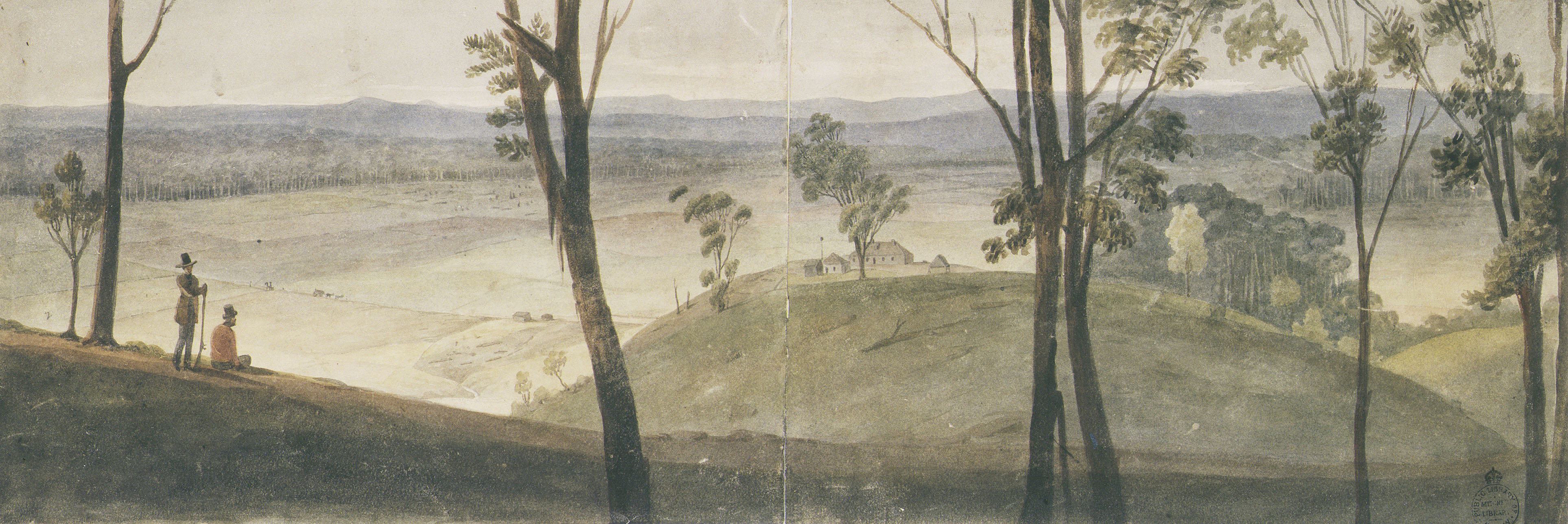 A drawing of two men in top hats surveying the landscape beyond them.