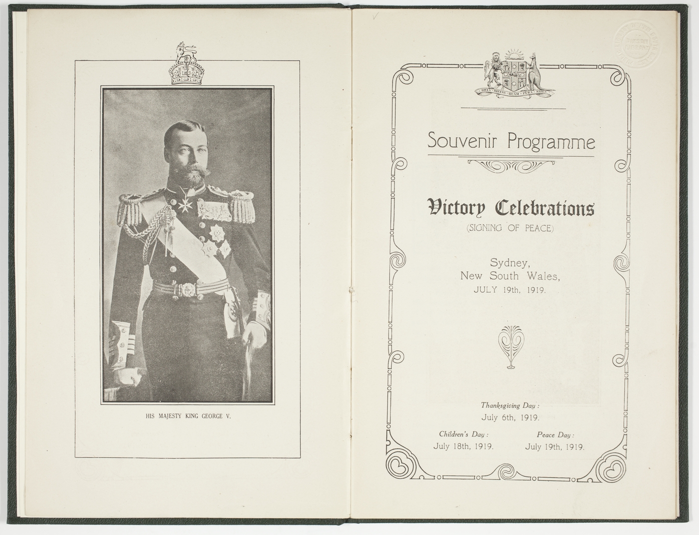 Souvenir programme : victory celebrations (signing of peace), Sydney, New South Wales, July 19th, 1919.
