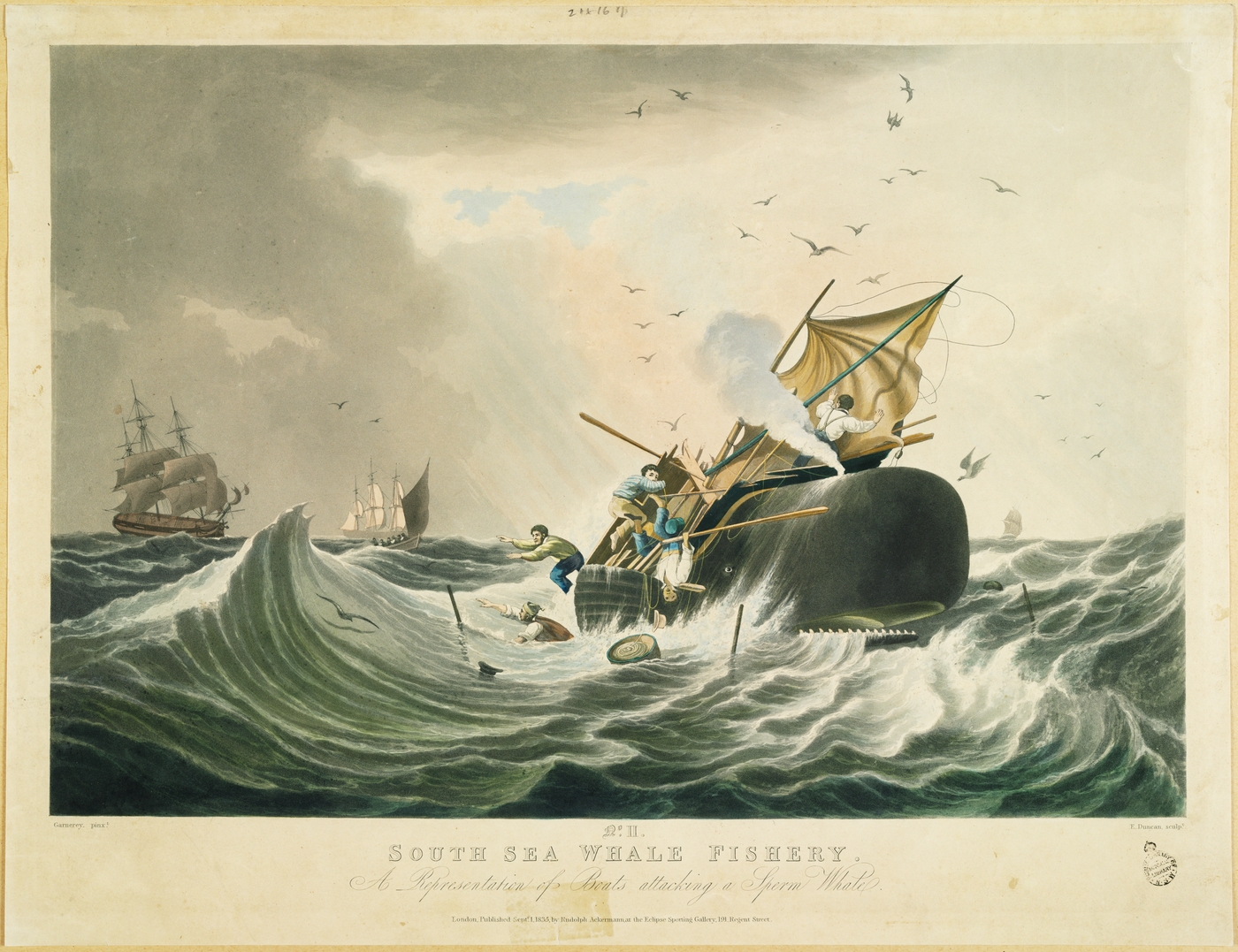 Painting of boats attacking a sperm whale.