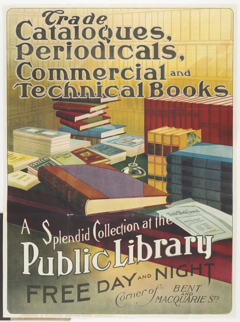 Illustration of books advertising the Sydney public Library