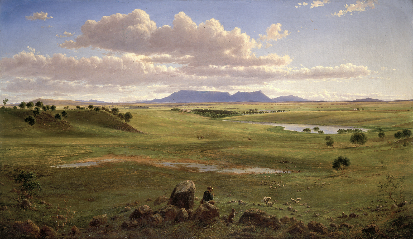 An oil painting: A shepherd and his flock sit on a stone wall in the foreground and look across a wide view of green pastural land. The shadow of a mountain sits on the distant horizon. 