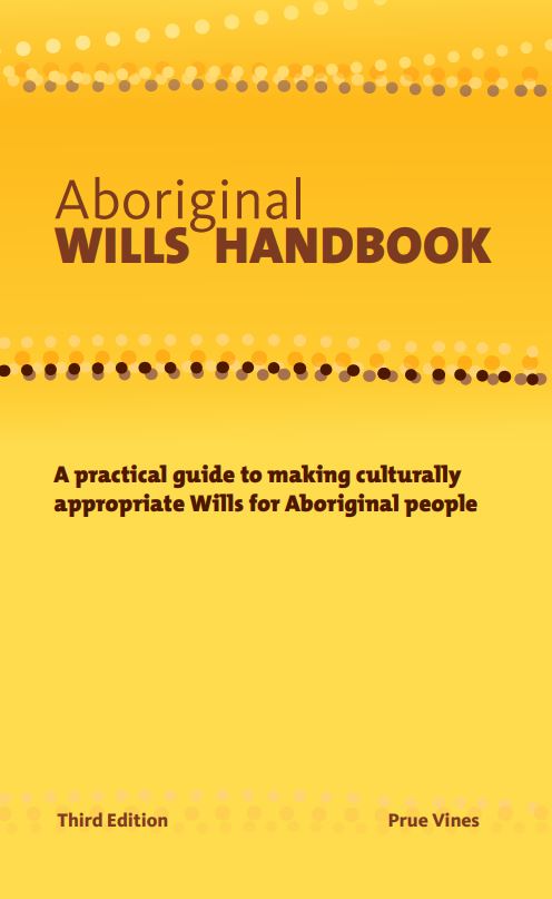 Yellow book cover with the words Aboriginal wills handbook