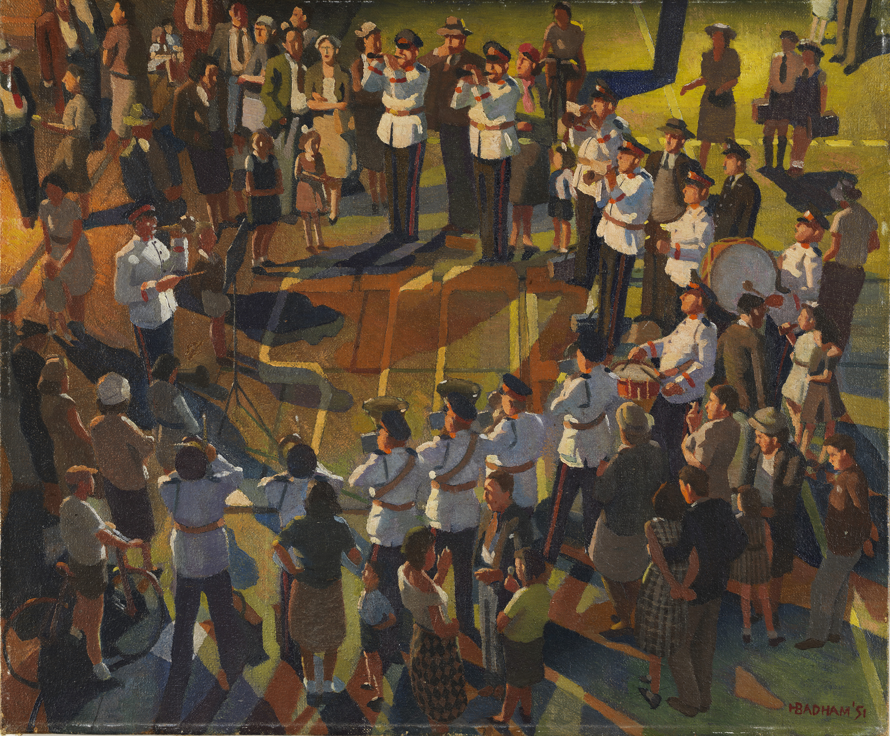 Colourful painting of a band playing in the street
