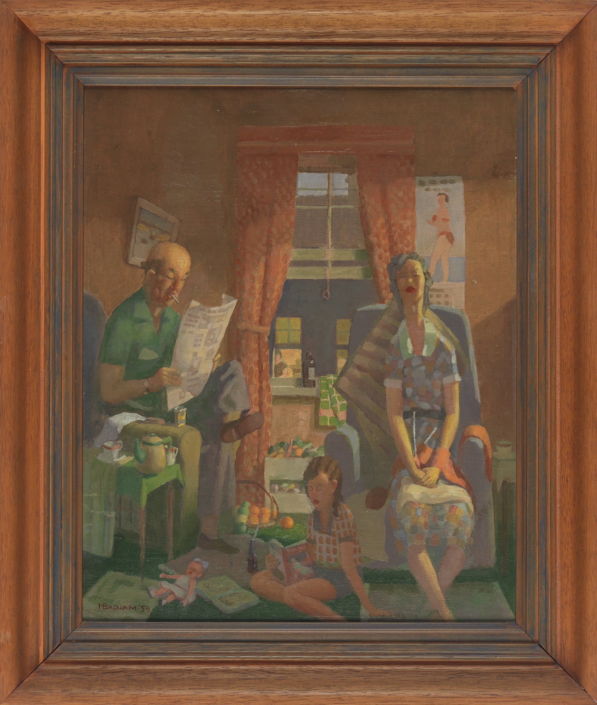 A painting of a family, colour-themed in reds and greens.