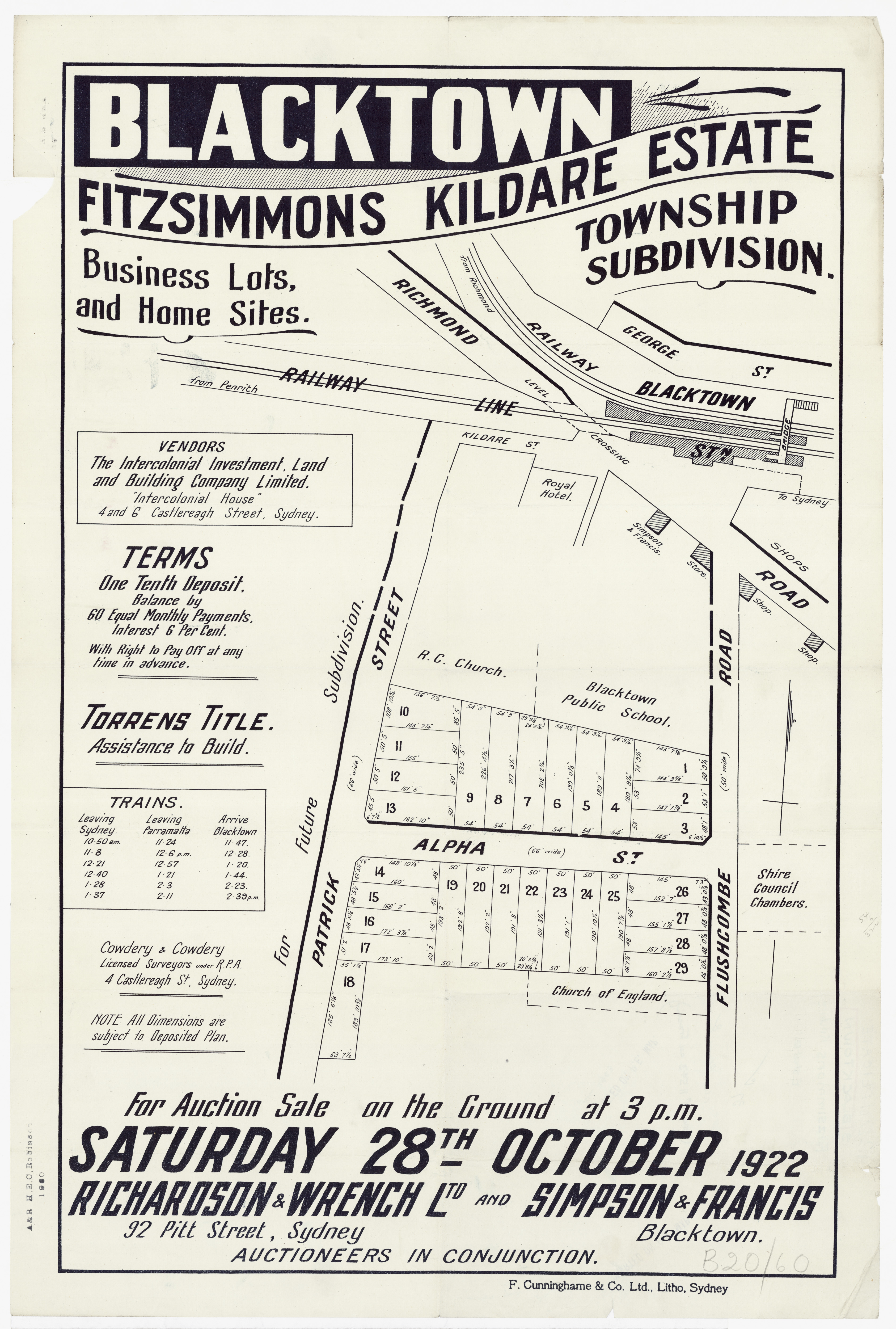 Subdivision Plan: 074 - Z/SP/B20/60 - Blacktown Fitzsimmons Kildare Estate Township subdivision - Patrick St, Flushcombe Rd , 1922