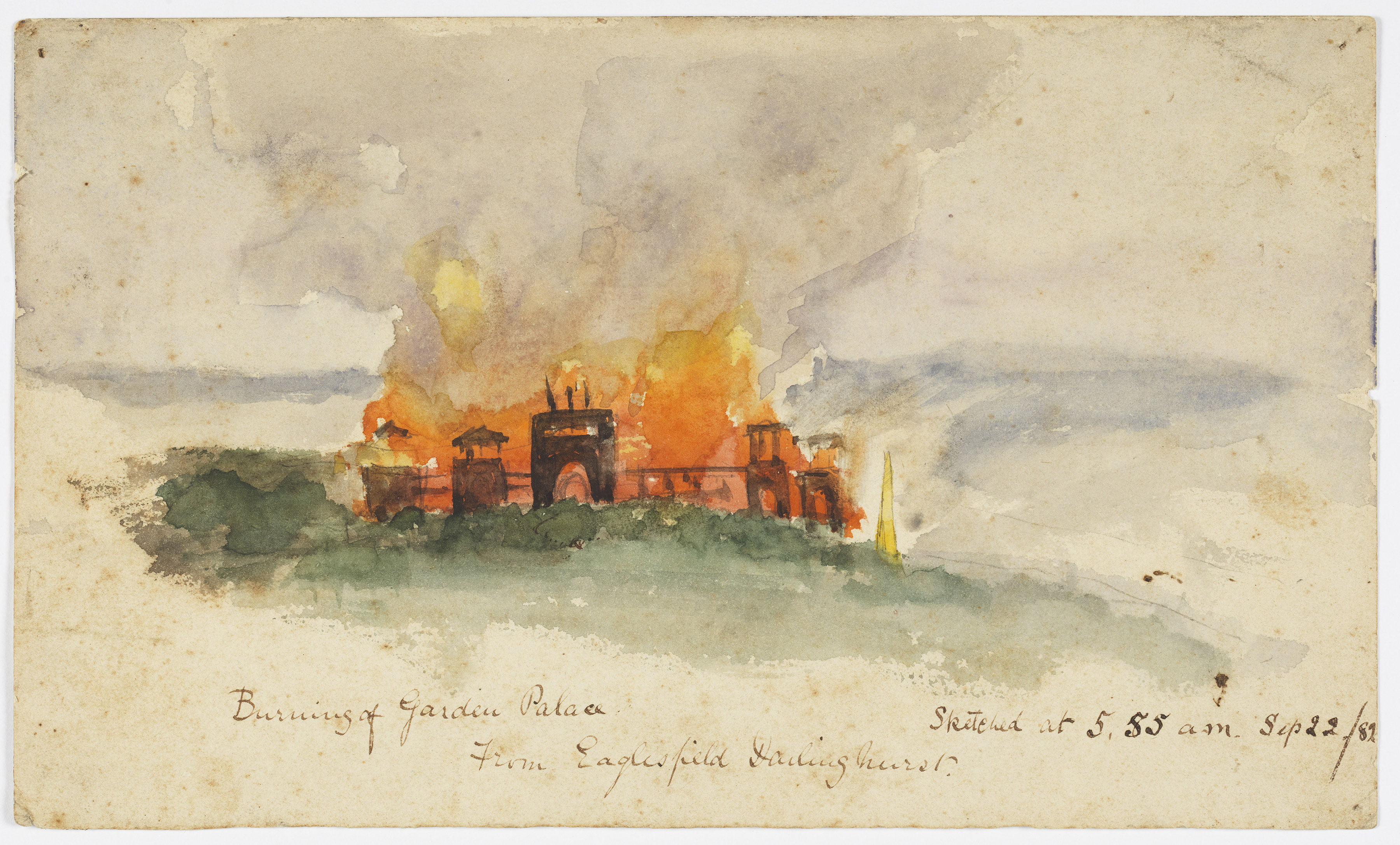 Watercolour of the Garden Palace burning