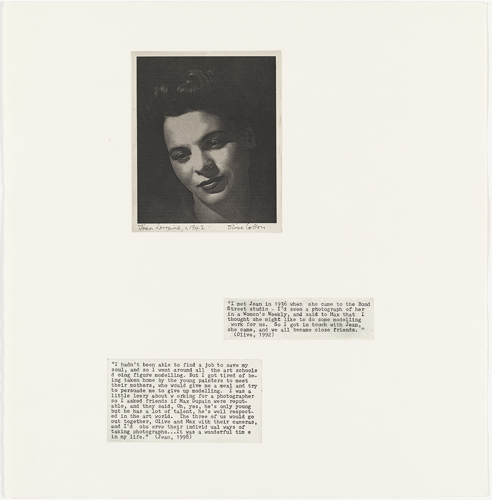 Jean Lorraine (Olive Cotton)  c. 1942  from Family Fragments 2004 solar plate photoJean Lorraine (Olive Cotton)  c. 1942  from Family Fragments 2004 solar plate photo etching, typescript text on Hahnemuhle pape etching, typescript text on Hahnemuhle paper