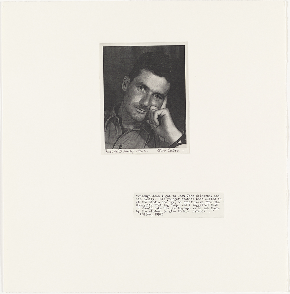 Ross McInerney (Olive Cotton), 1942 from Family Fragments 2004 solar plate photo etching, typescript text on Hahnemuhle paper