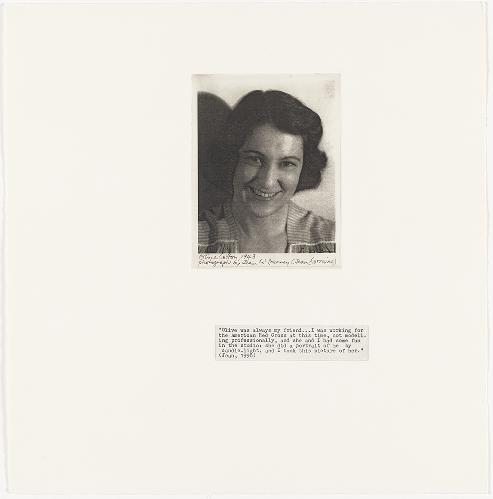 Olive Cotton, 1943 (Jean McInerney,  nee Lorraine) from Family Fragments 2004 solar plate photo etching, typescript text on Hahnemuhle paper