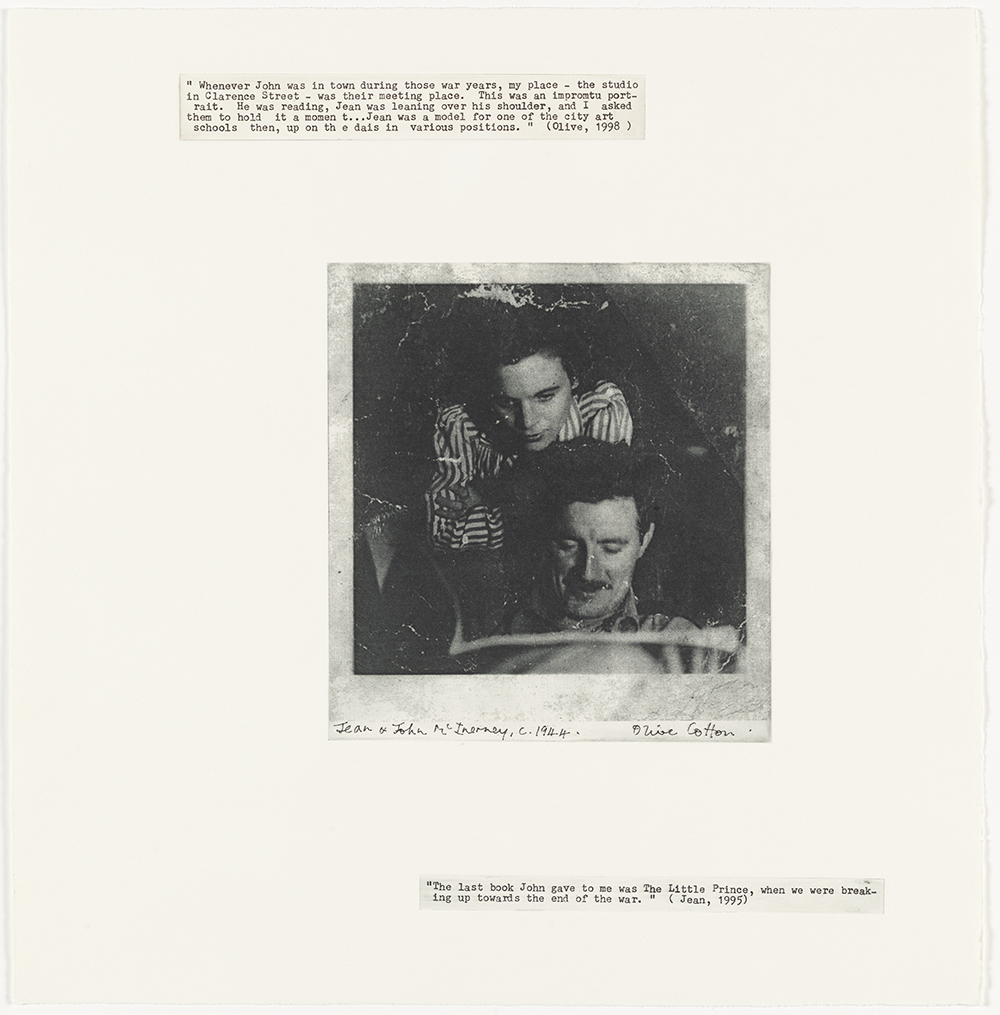 Jean and John McInerney (Olive Cotton),  c. 1944  from Family Fragments 2004 solar plate photo etching, typescript text on Hahnemuhle paper