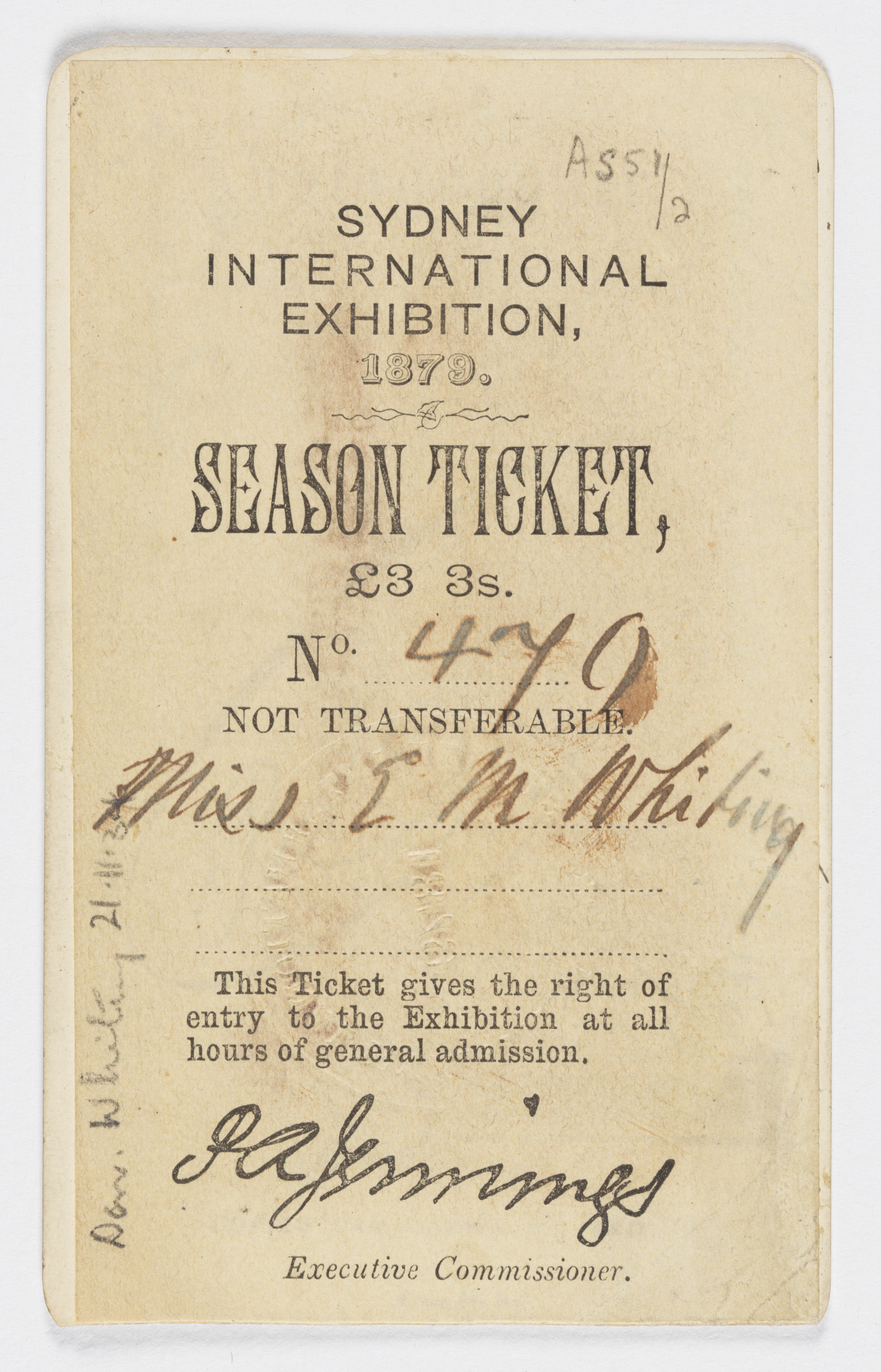Season ticket issued to Eveline Mary Whiting for the International Exhibition