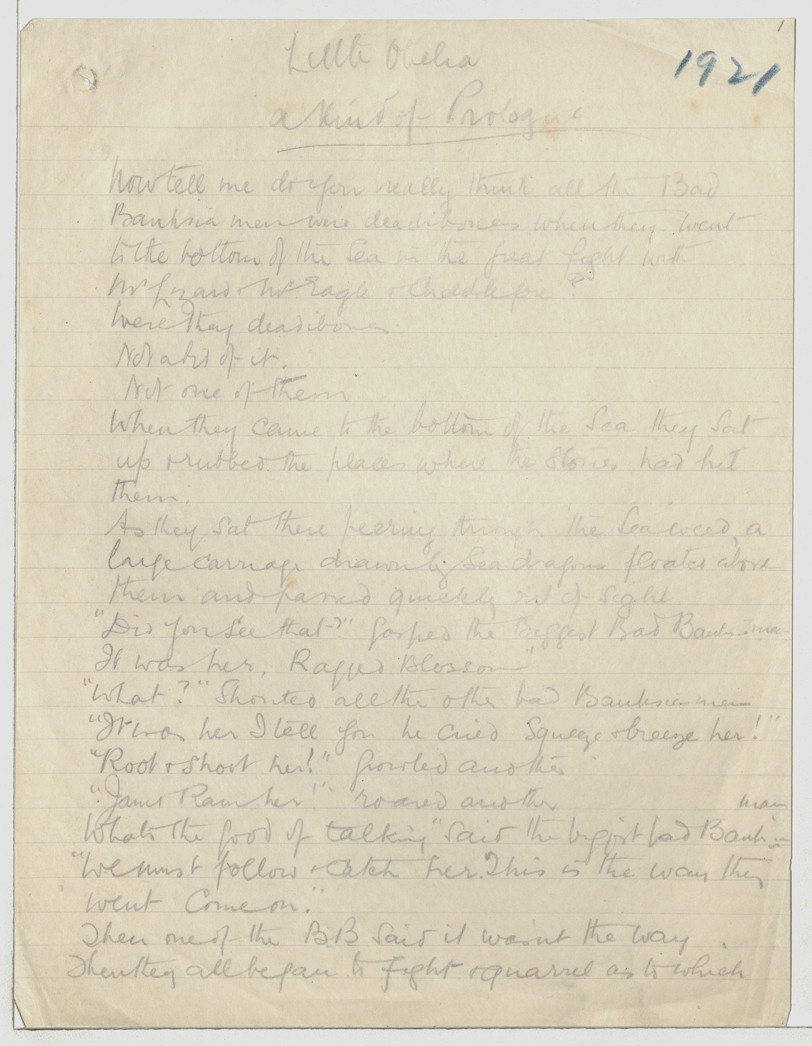 Manuscript for Little Obelia by May Gibbs, sent to publisher Angus and Robertson, 1921