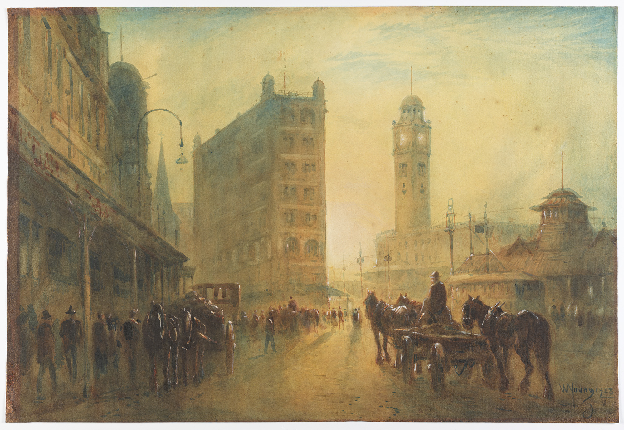 A watercolour painting of Railway Square - the clock tower can be seen in the morning light. A horse and carriage in the foreground. 