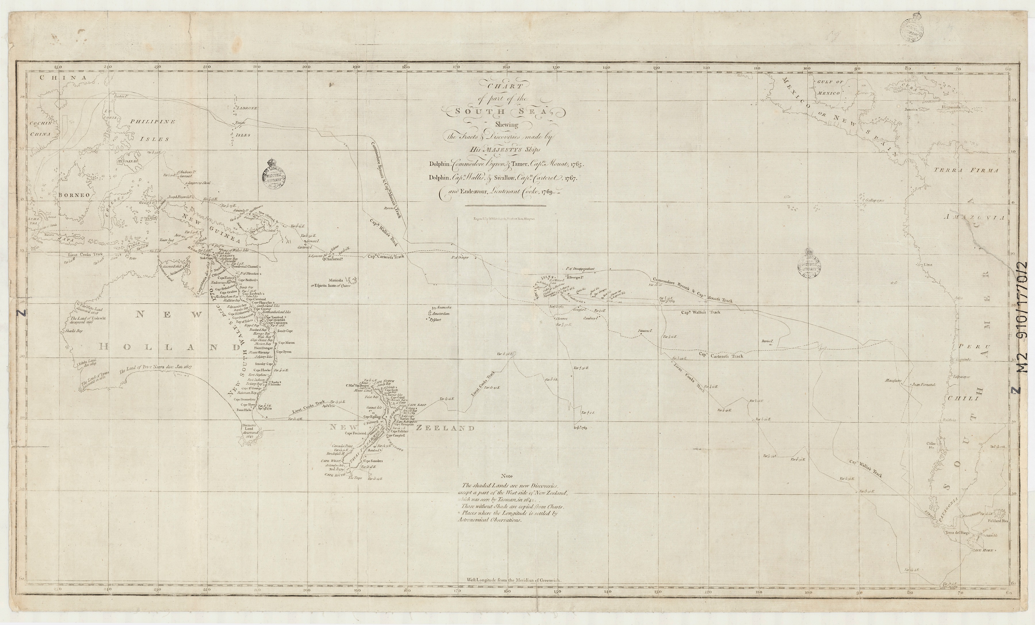 Chart of part of the South Sea, shewing the tracts & discoveries made by His Majestys ships Dolphin,…