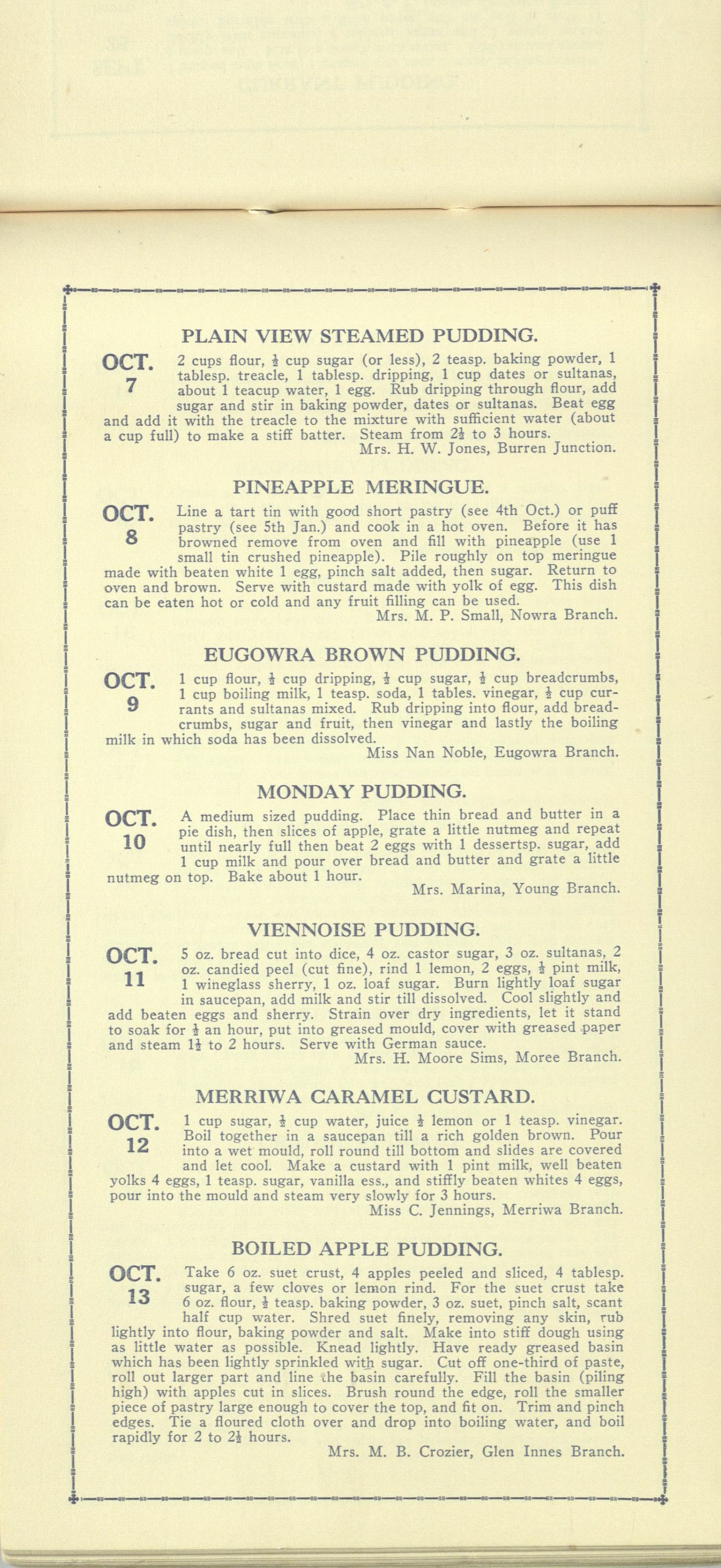  Country Women's Association of New South Wales calendar of puddings from 1931 (7 October - 13 October) 