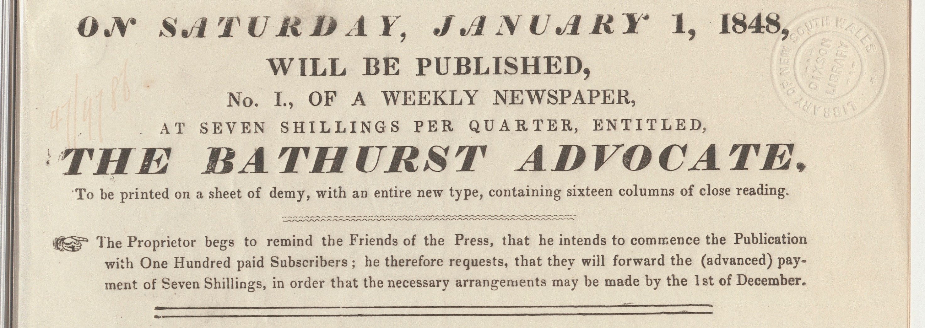 Banner from the Bathurst Advocate, January 1,1848
