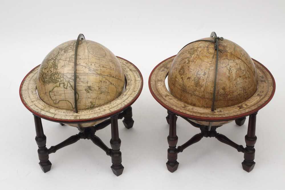 A pair of terrestrial and celestial 9 inch desktop globes