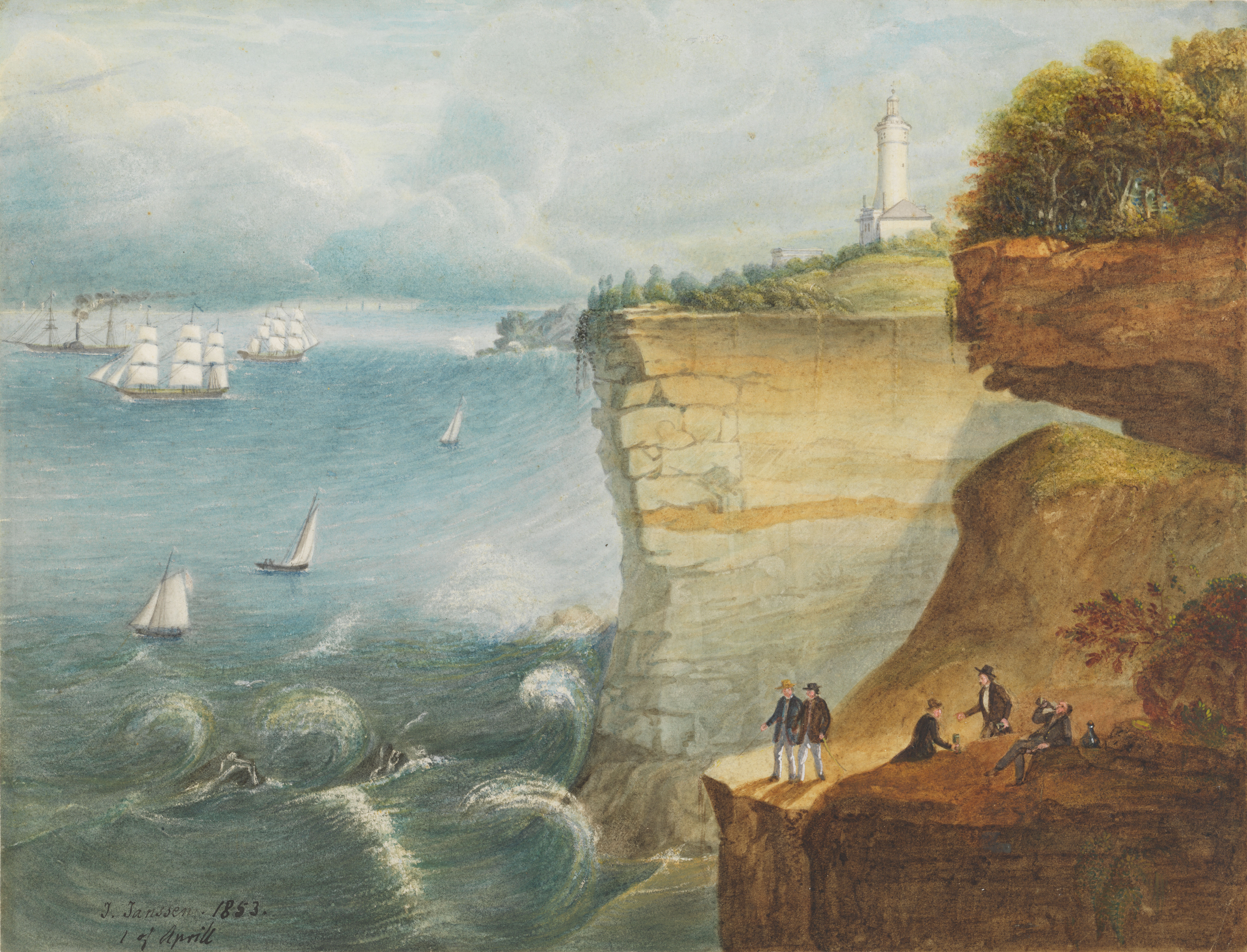 A painting of a cliff by the sea, with several men drinking in the foreground and a lighthouse in the background.
