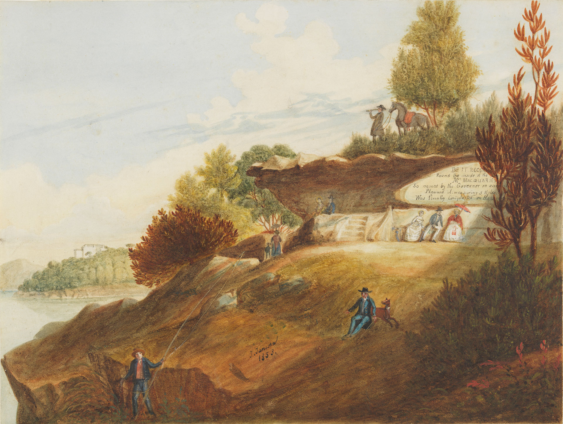 A painting of a view of a large carved-out rock ledge, with several people sitting and resting in the vicinity.