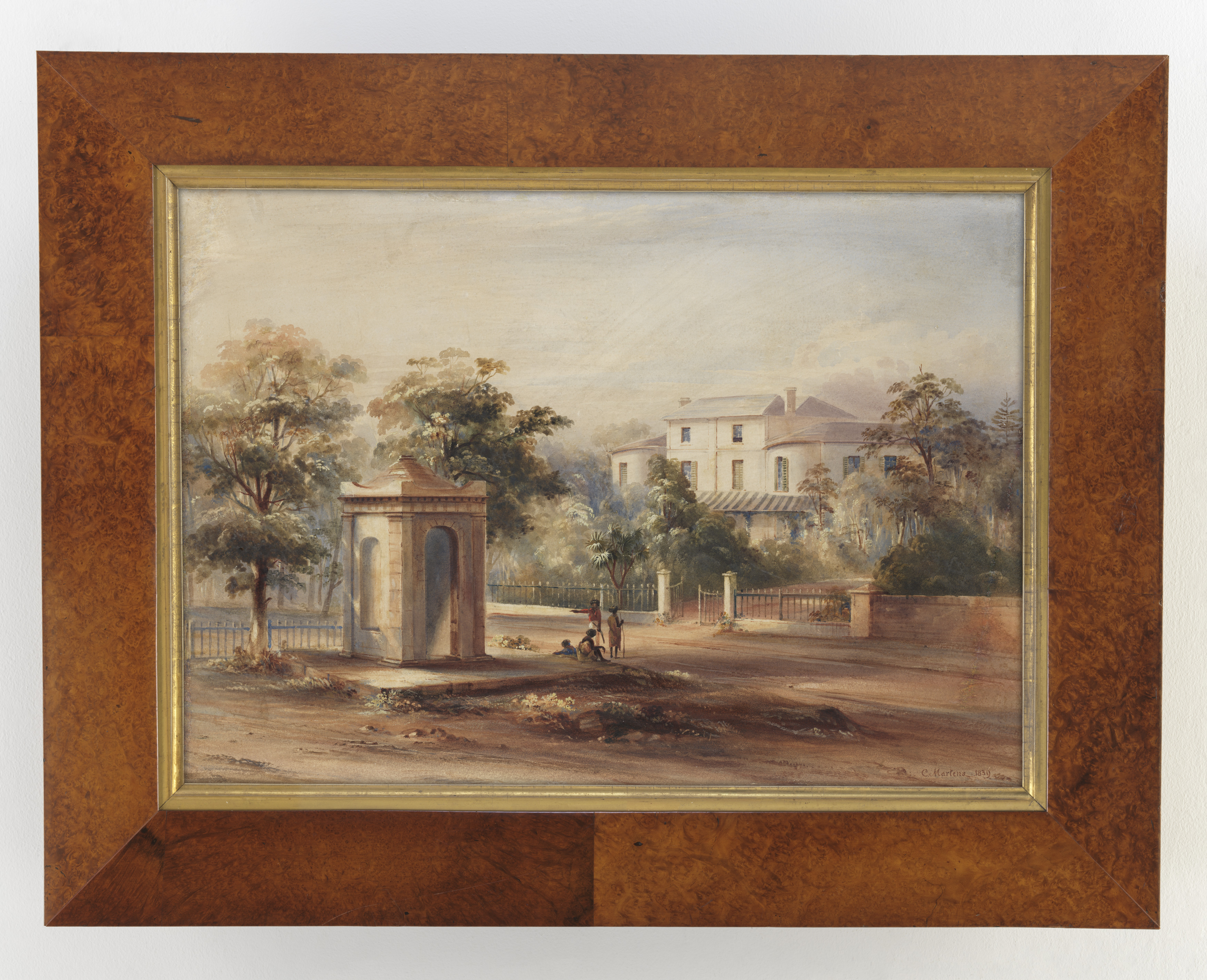 Watercolour of a grand house set in a bush-land garden - a monument stands outside the gates where a small group of people gather.