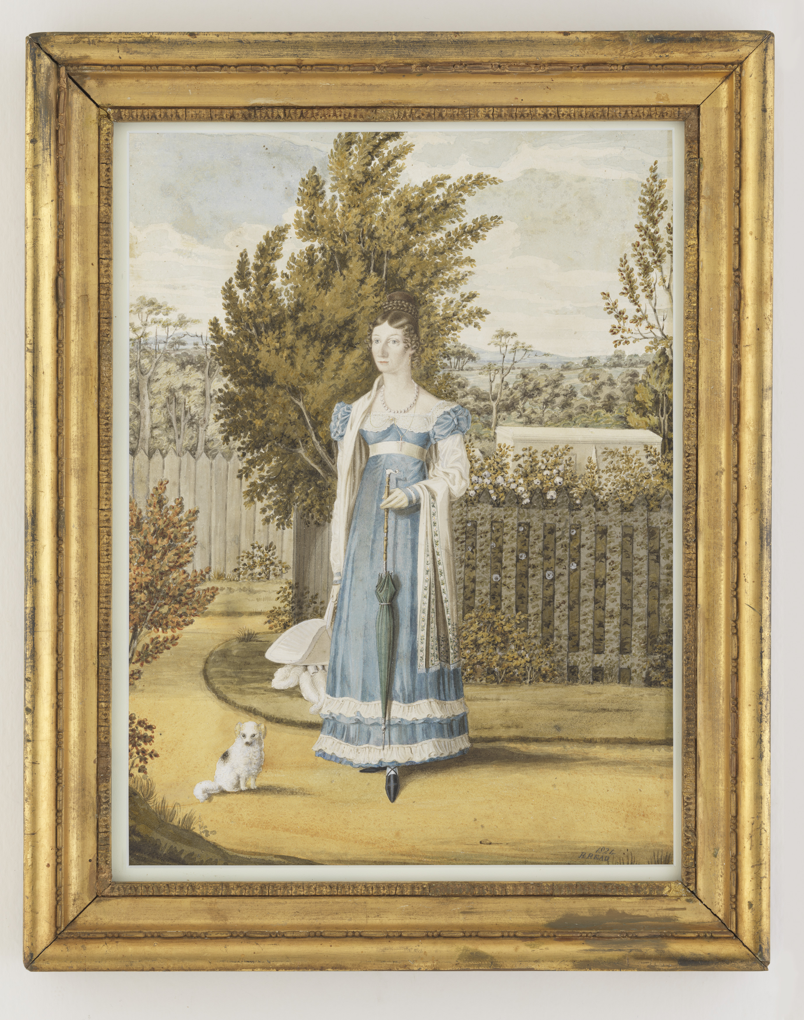 Painting of a woman in colonial dress standing in a garden with a small dog.