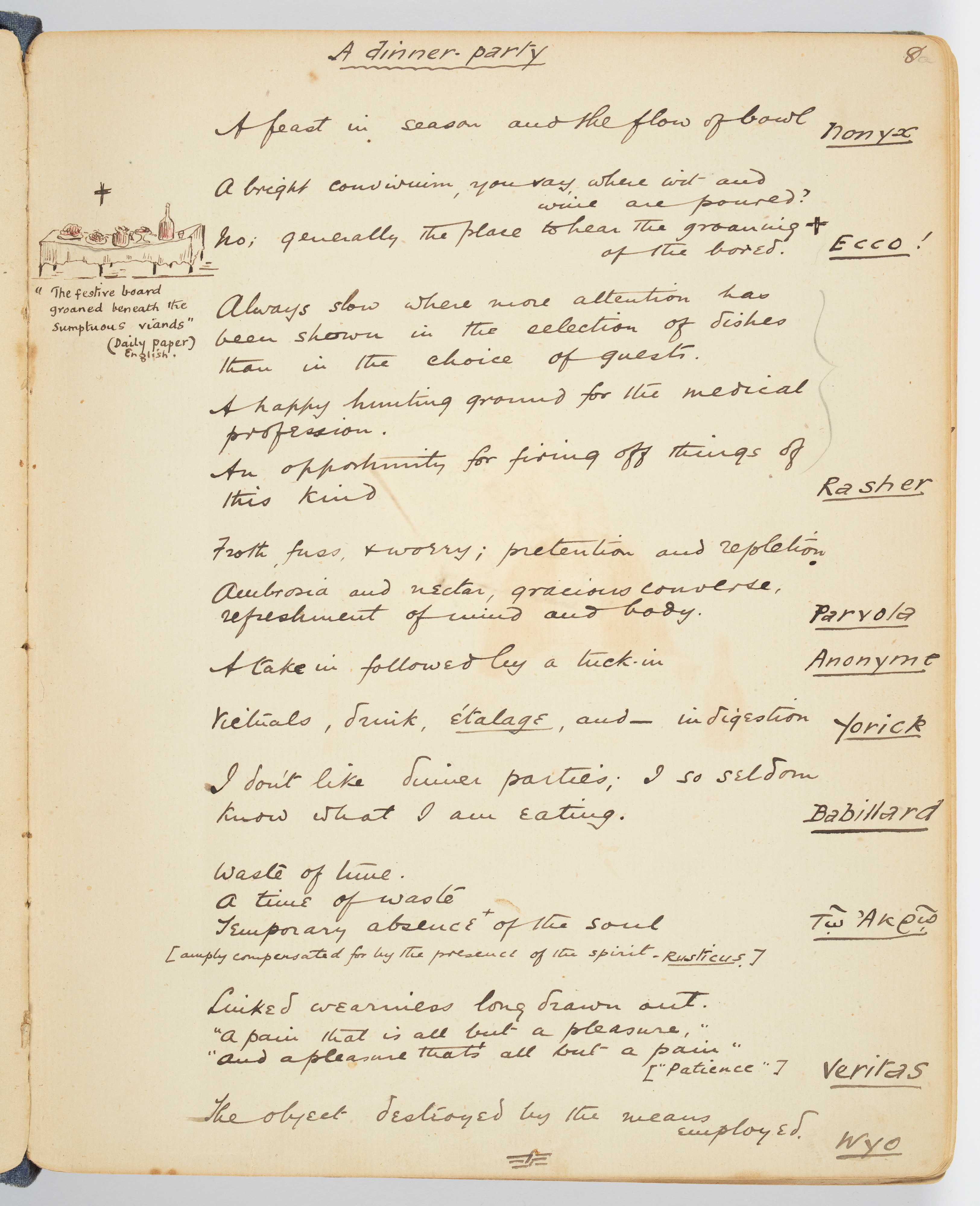 Page of handwritten notes titled 'A dinner party'. Small illustration of a table in the left margin.