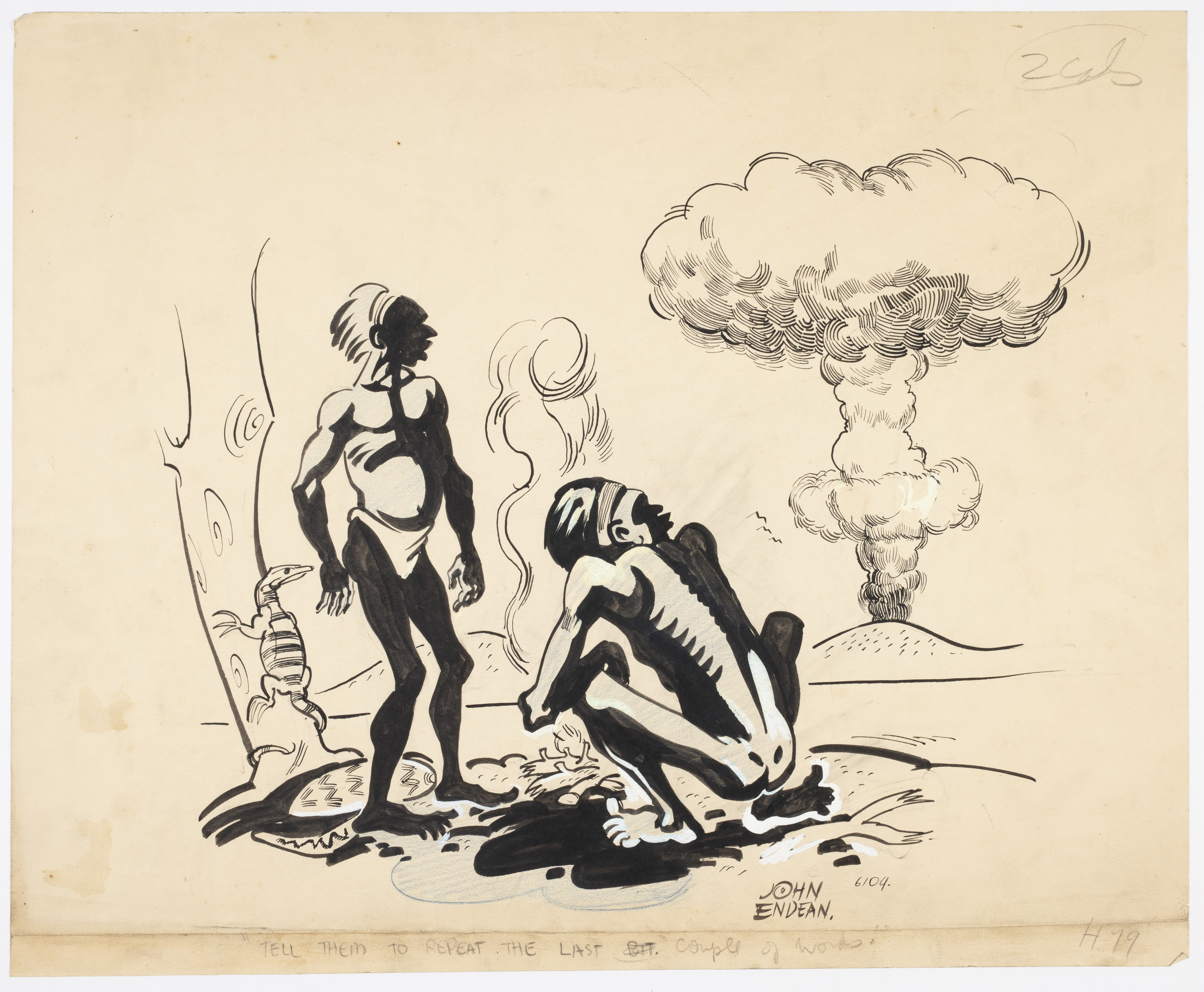 A cartoon depicting two people, one standing and one crouching, looking at a mushroom cloud in the distance.