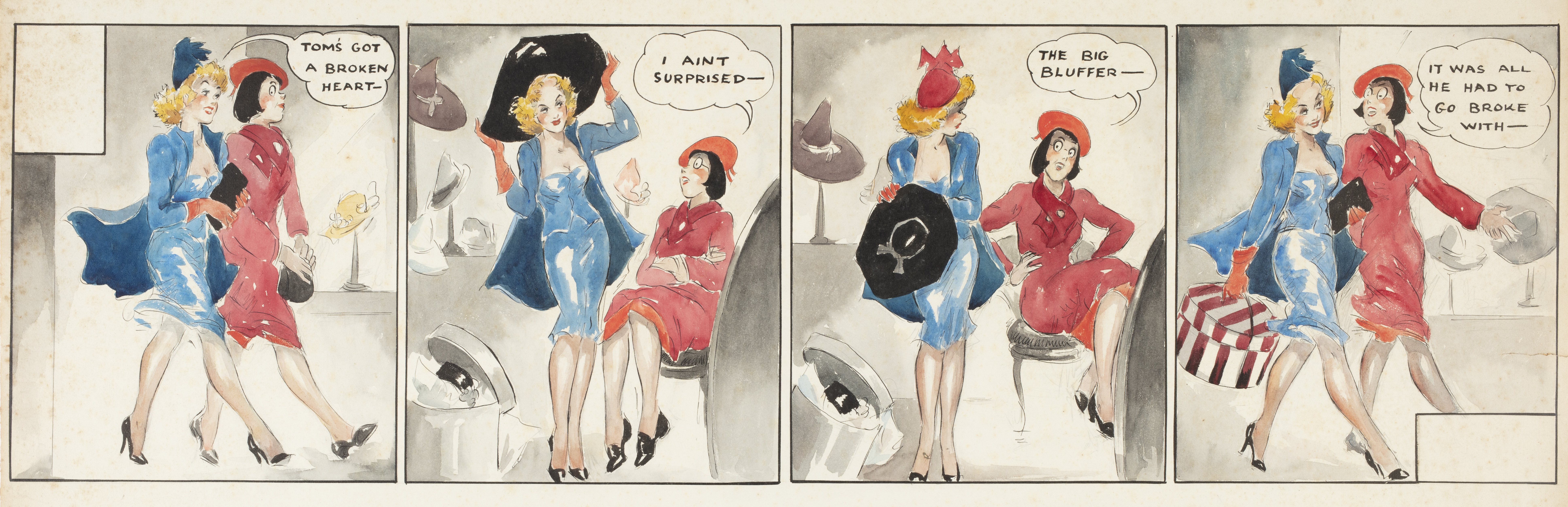 Four panel cartoon with two women talking while shopping.