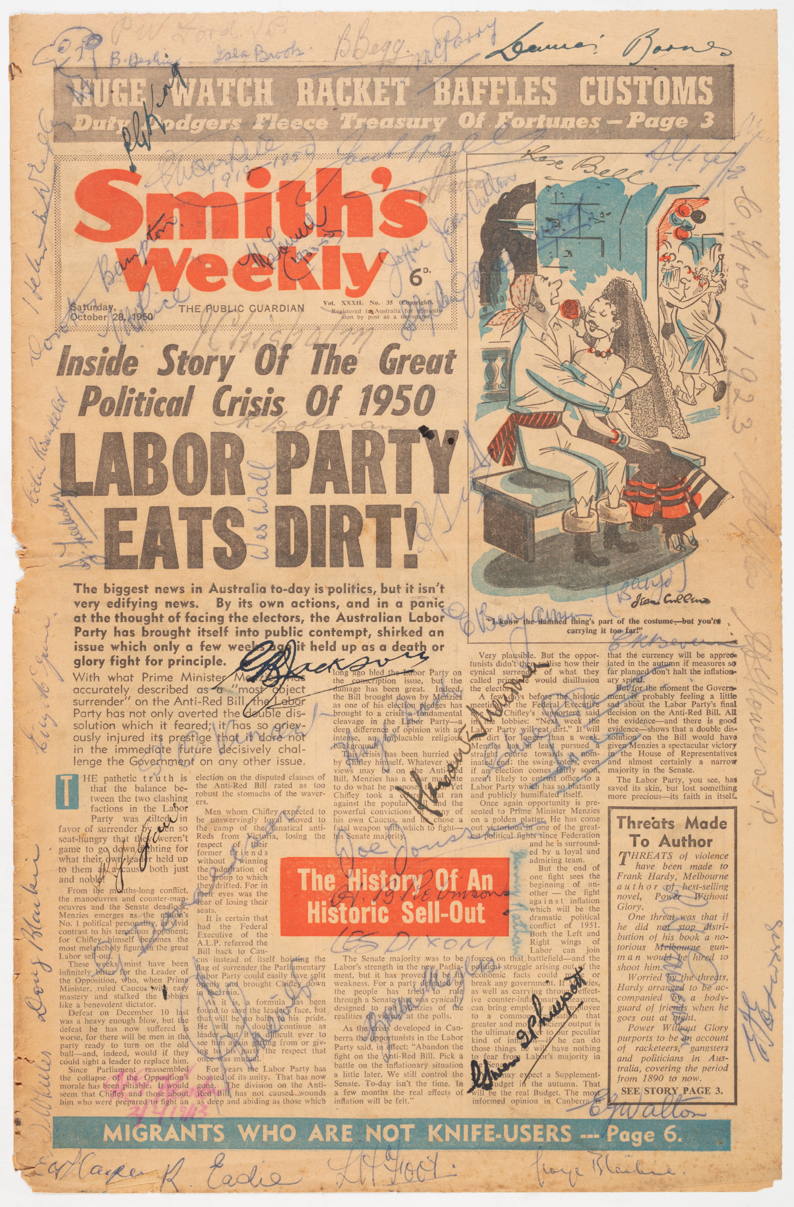 The front page of a vintage newspaper with signatures by artists, journalists and production staff.