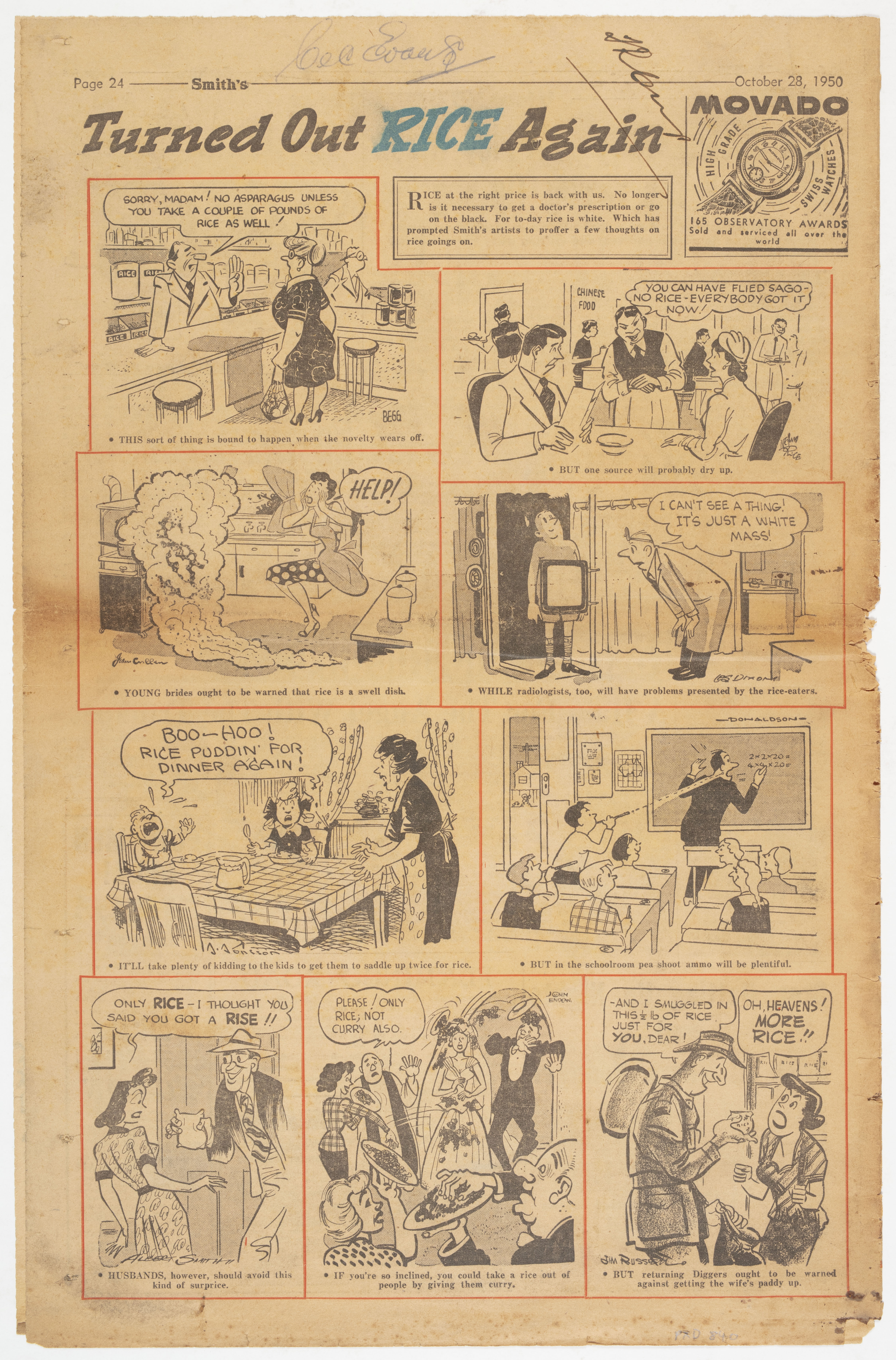 Vintage newspaper page with a series of cartoons.