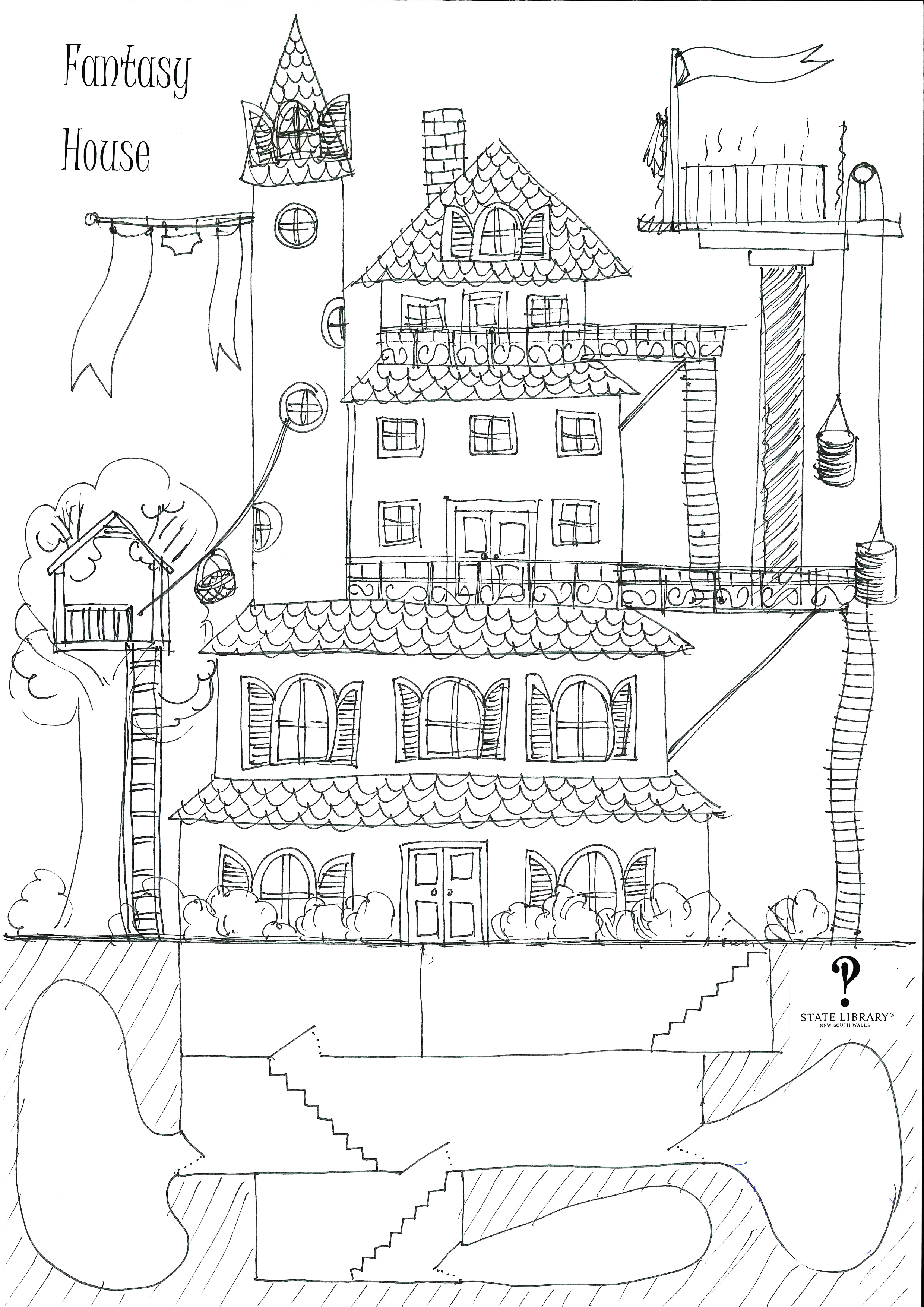 A black line drawing of a fantasy house