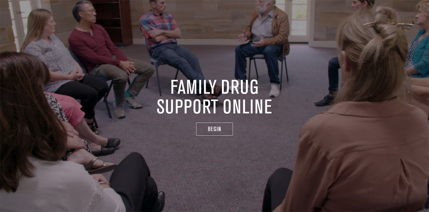 Screenshot of opening screen of family drug support online resource