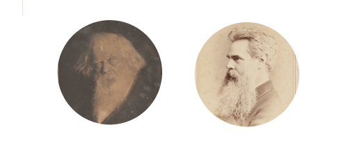 Image of Left: Sir Henry Parkes (detail), 1894, Falk Studios, PXD 660/4-6 Right: Thomas Woolner (detail), Elliott and Fry … London, from a photograph album to Annie Thomasine Parkes from her father, c. 1880–1896