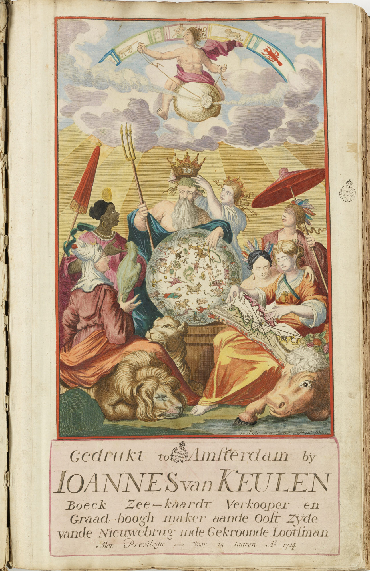 An illustration of Neptune and six women representing the world's continents.