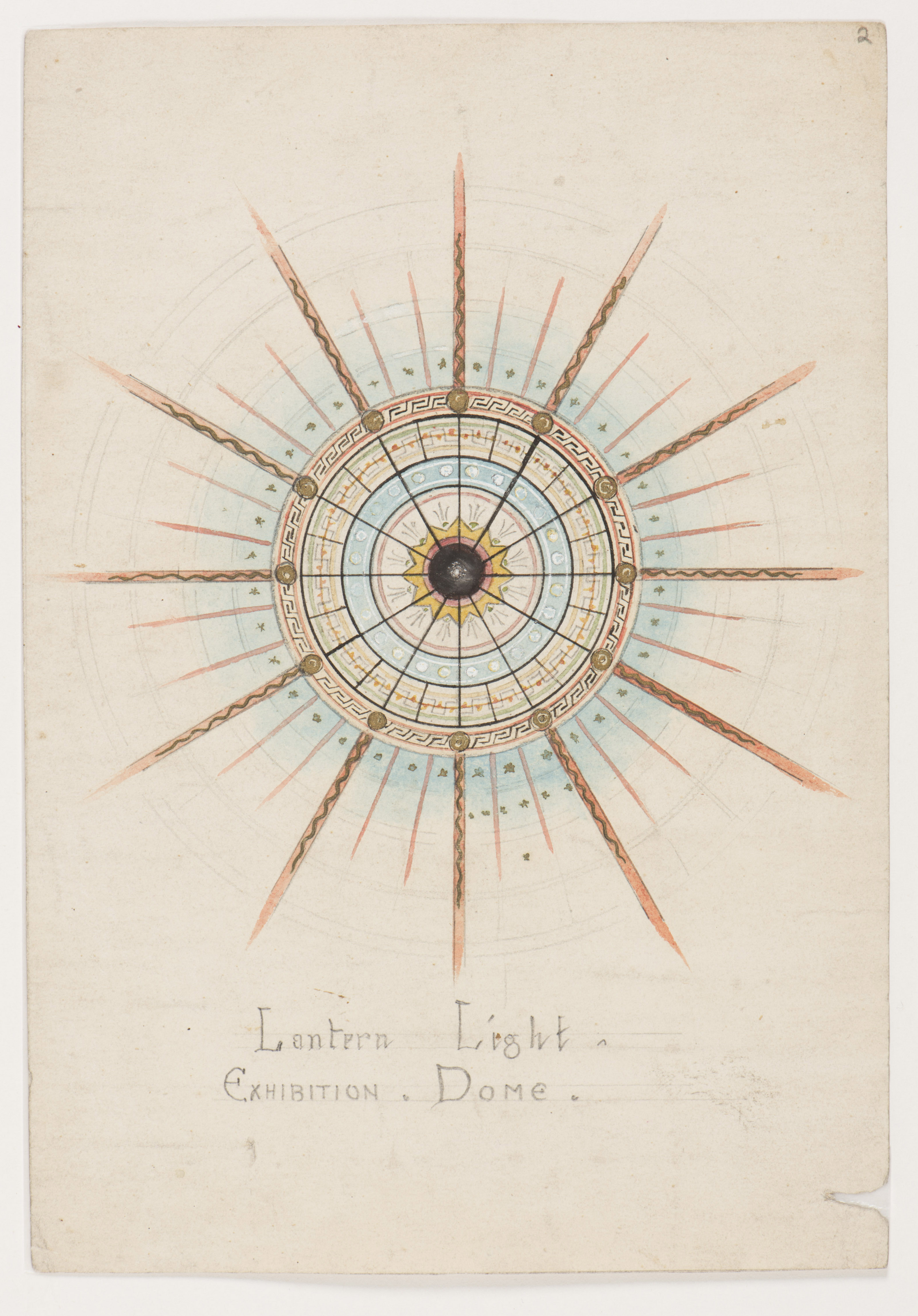 Pencil and watercolour design for stained glass window, circular shape,  lines radiating from centre
