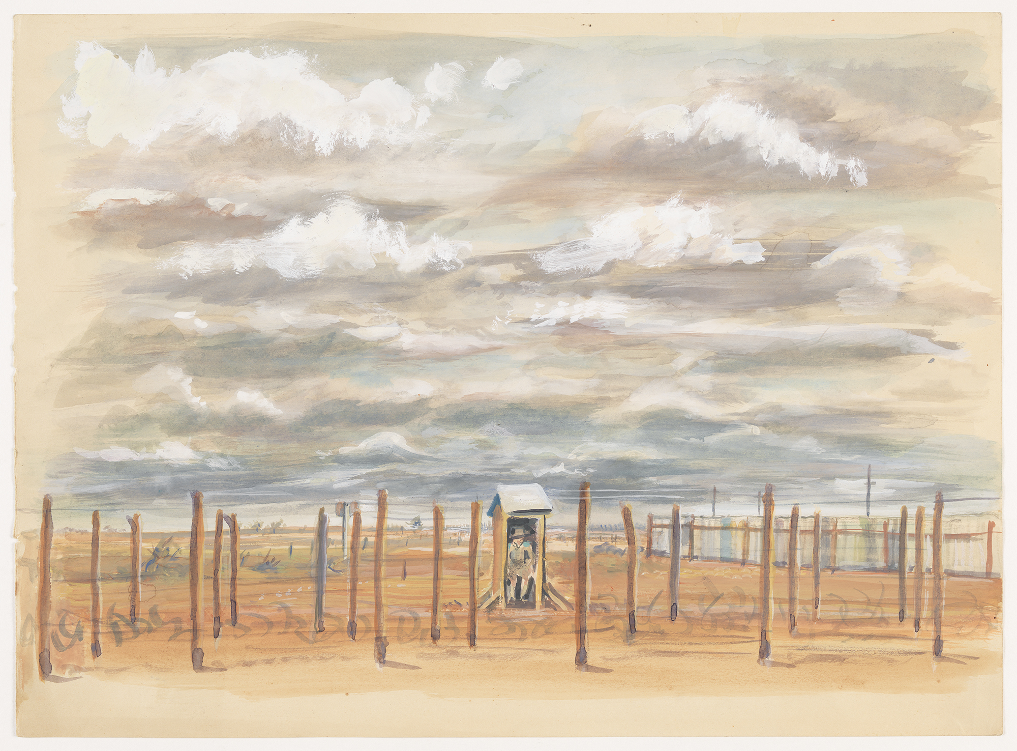 Artwork of Hay camp fence with sentry box