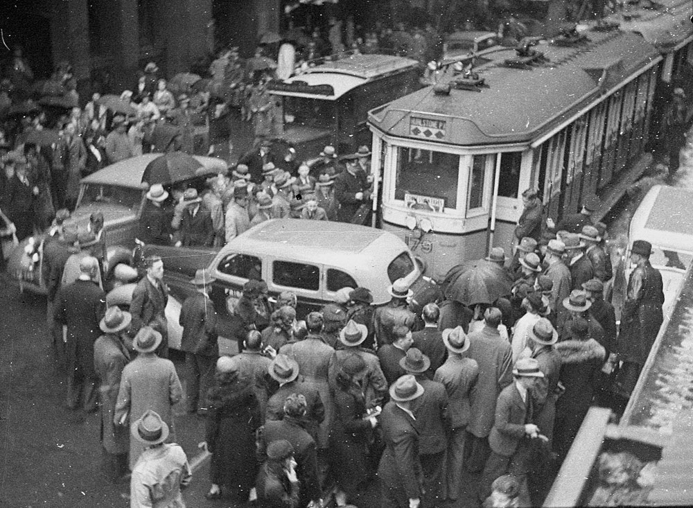 Tram and taxi accident, 1937, by Sam Hood, Copy negative, Home and Away, 15214