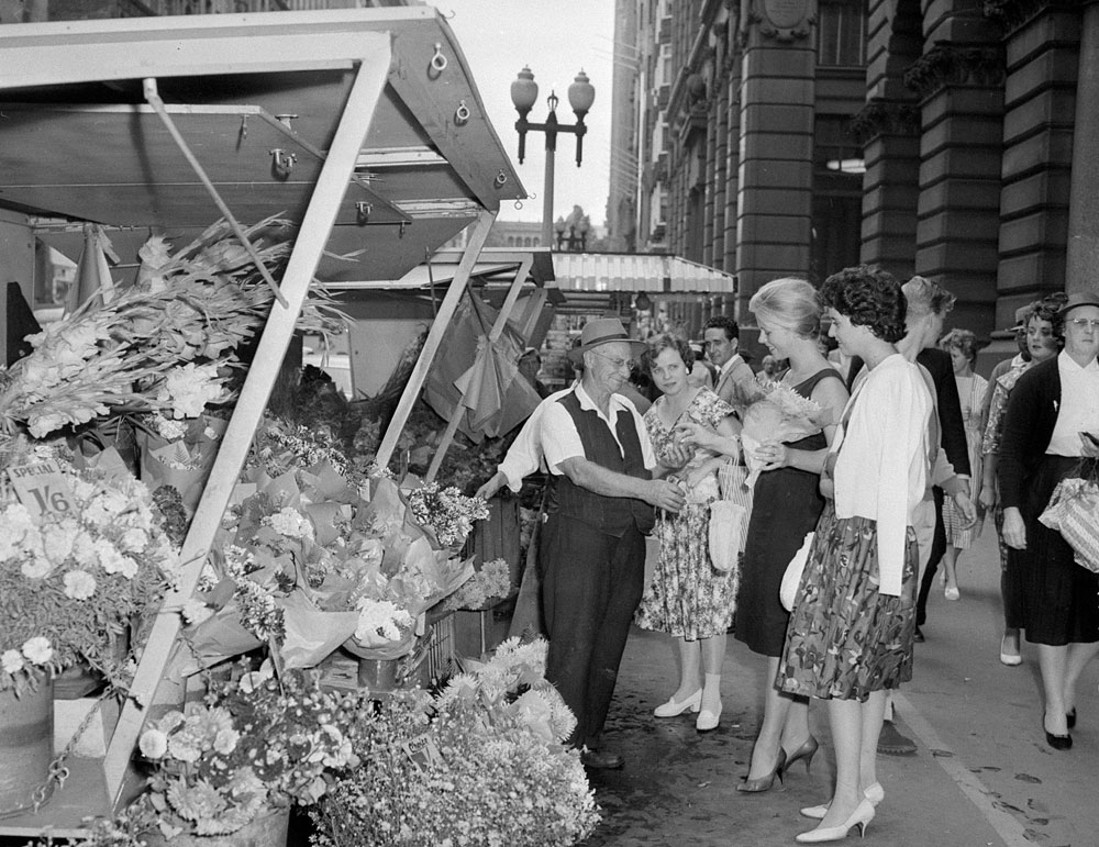 Flower stalls, Martin Place, 1960, by Don McPhedran, Film negative, APA 08177