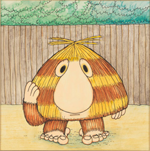 A yellow and brown stripped bulb-shaped creature with a very large nose