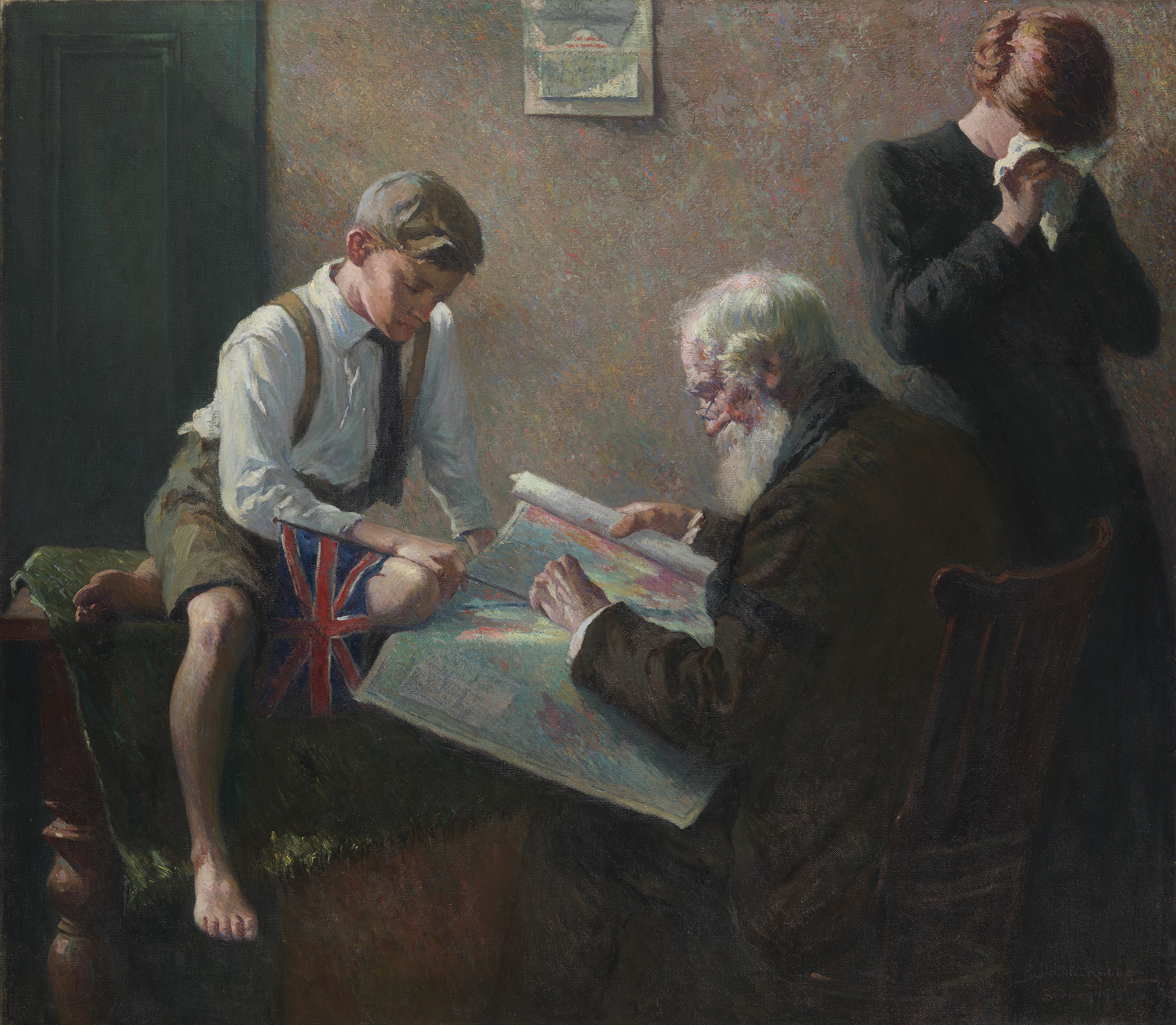 Oil painting showing old man and young boy looking at a map. A woman turns away from them weeping. 