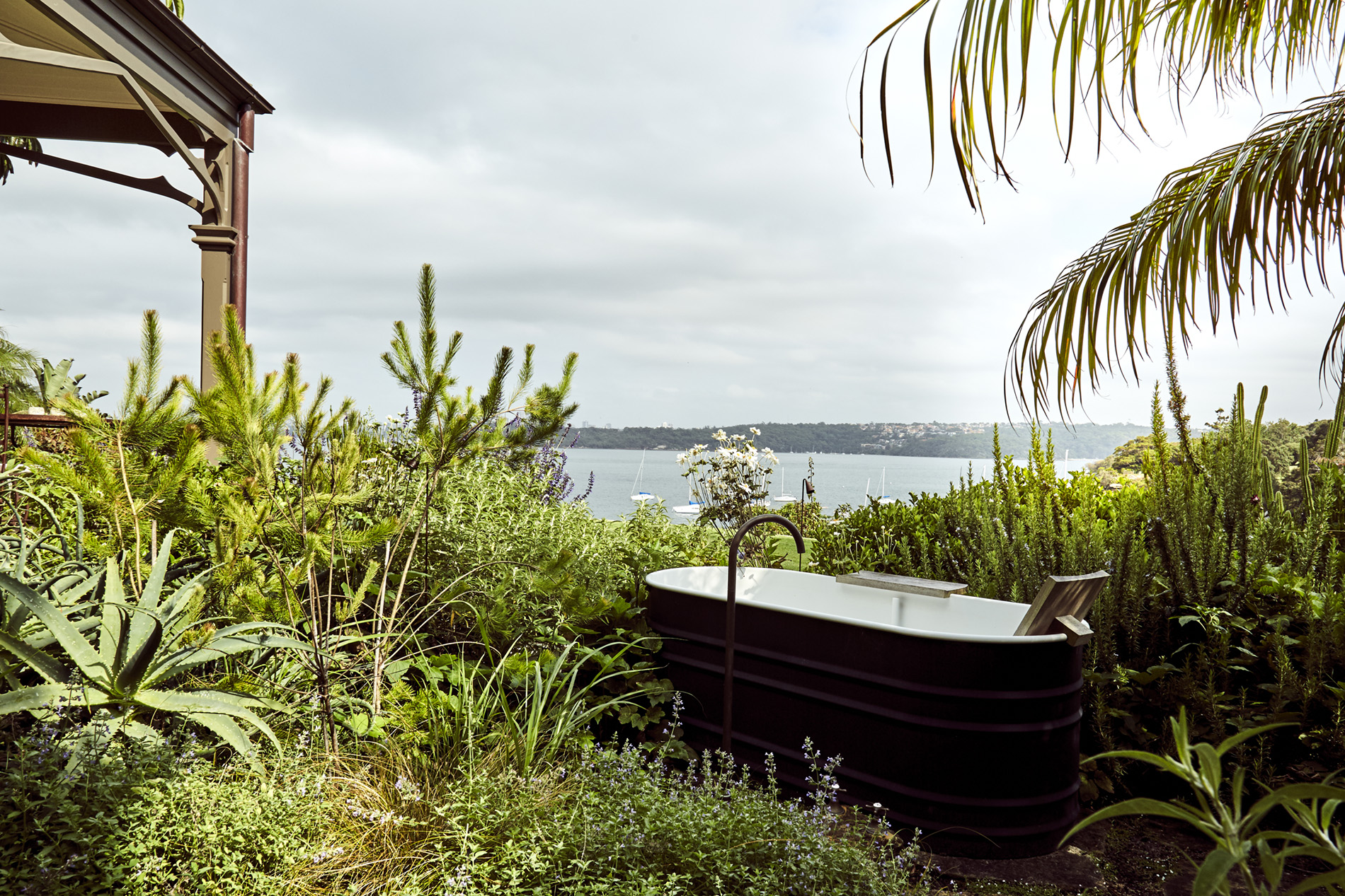 A photograph of a bathtub sitting in a garden, surrounded by plants and grasses. The ocean can be seen beyond the garden and the edge of a house sits in the left of the image.