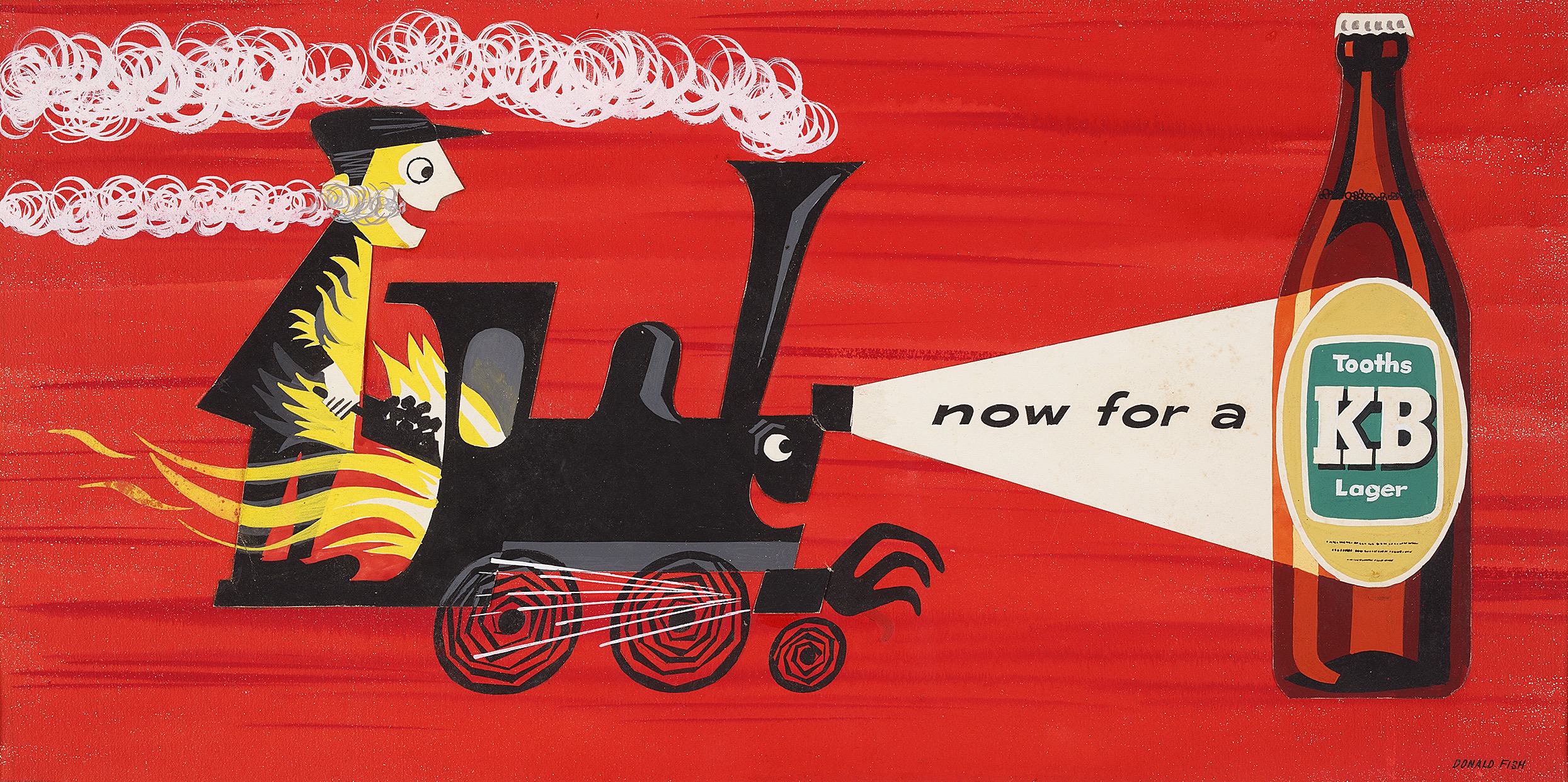 The original artwork for a 1955 advertisement for Tooth’s KB beer. Both driver and locomotive are smiling — they know the end of the line is nigh