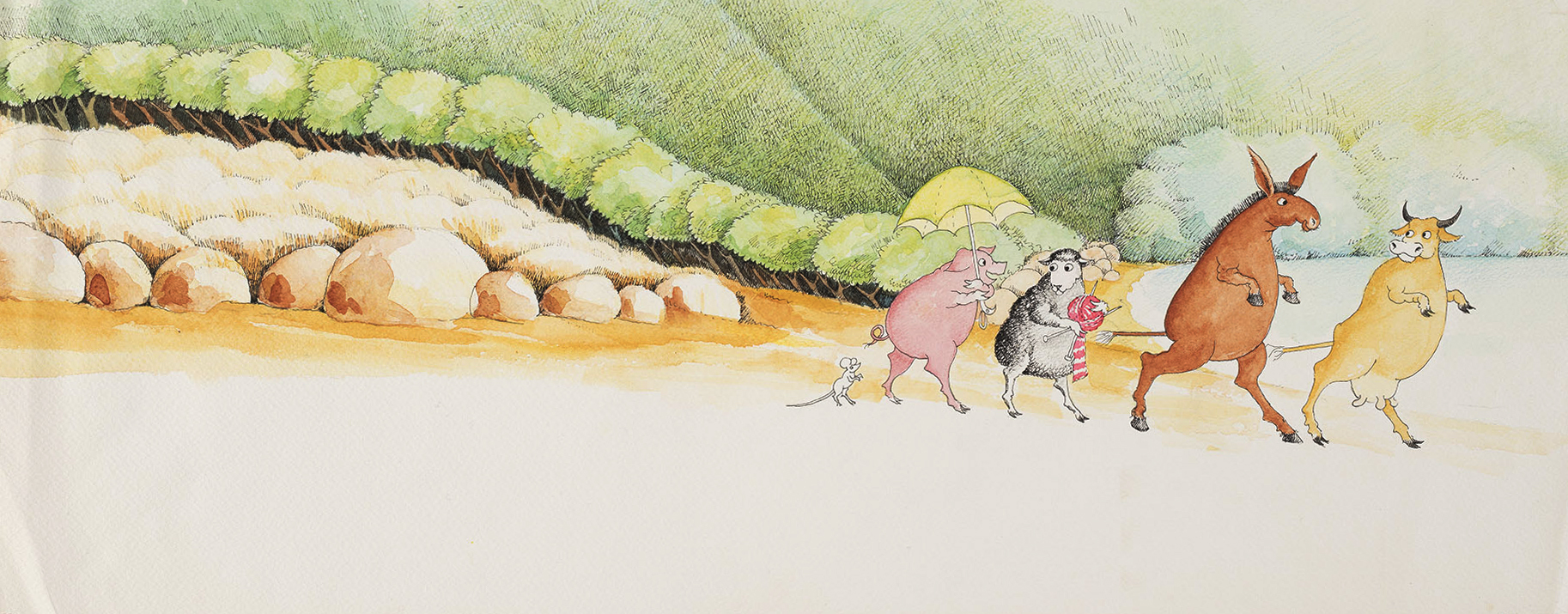 A cow, a donkey, a sheep, a pig, and a tiny mouse are walking along the seaside.