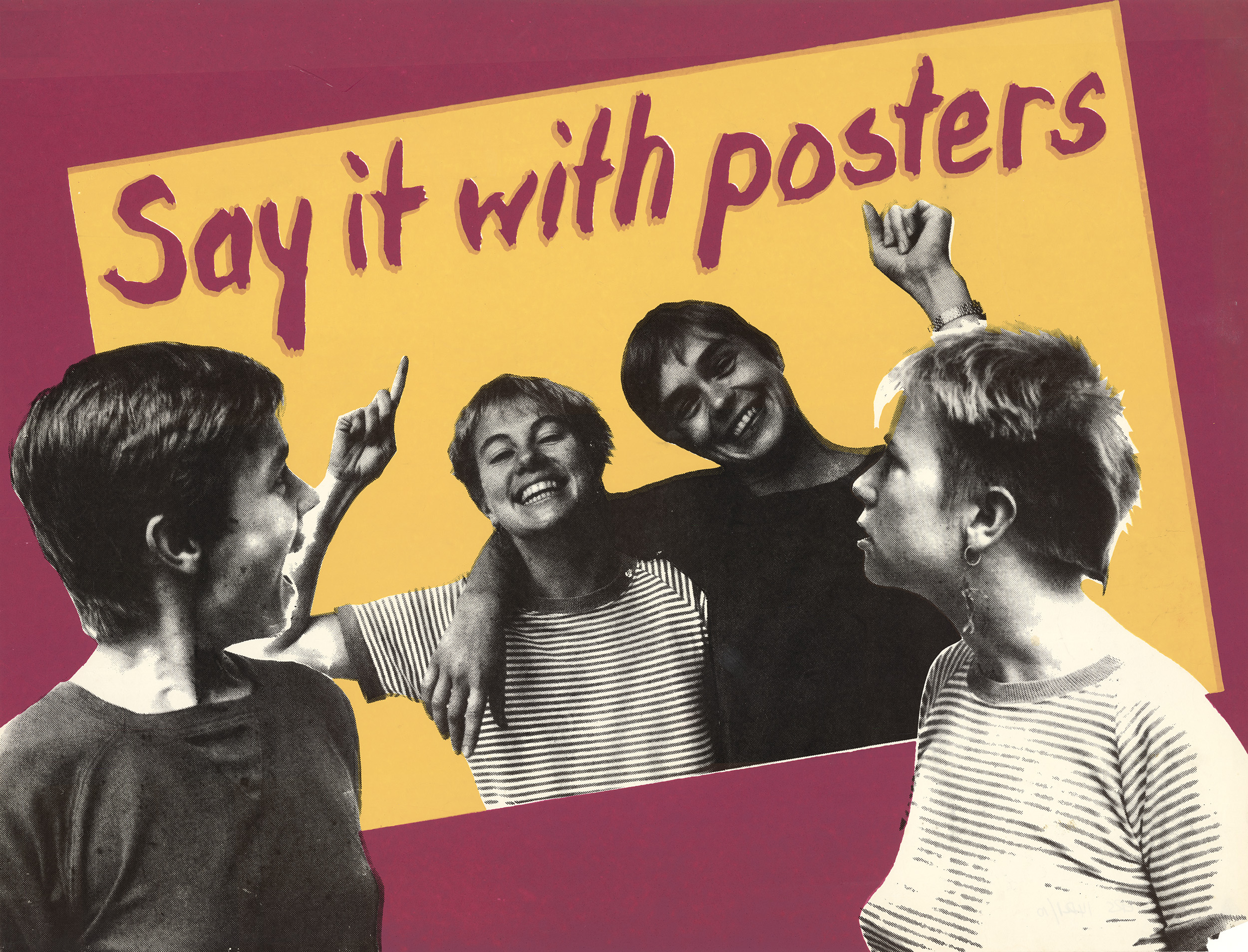 Collaged poster showing two people looking at a poster of two friends smiling. It reads 'Say it with posters'