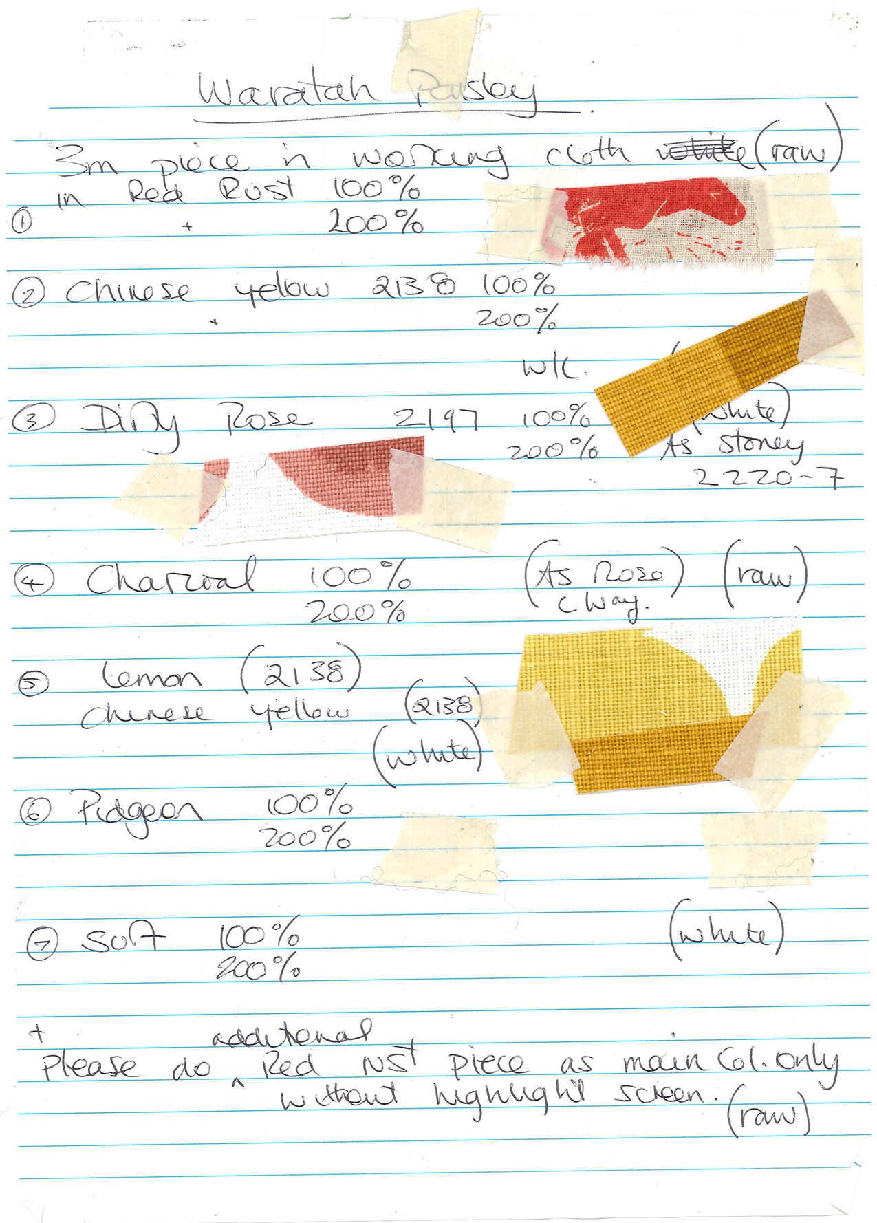 Handwritten instructions for mixing colours-fabric samples stuck to piece of paper
