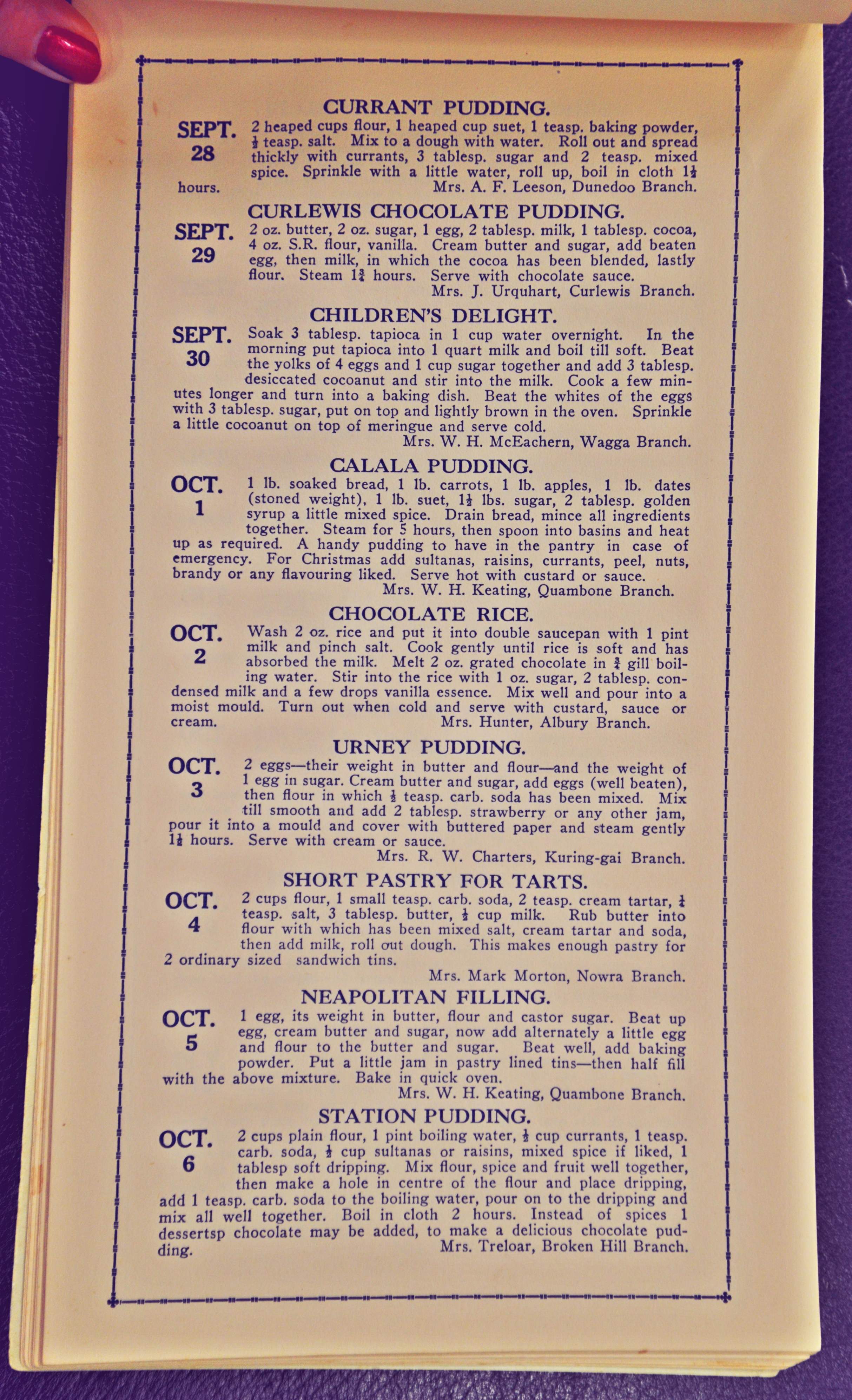 Country Women's Association of New South Wales calendar of puddings : a recipe for each day of the year (28 Sep - 6 Oct)