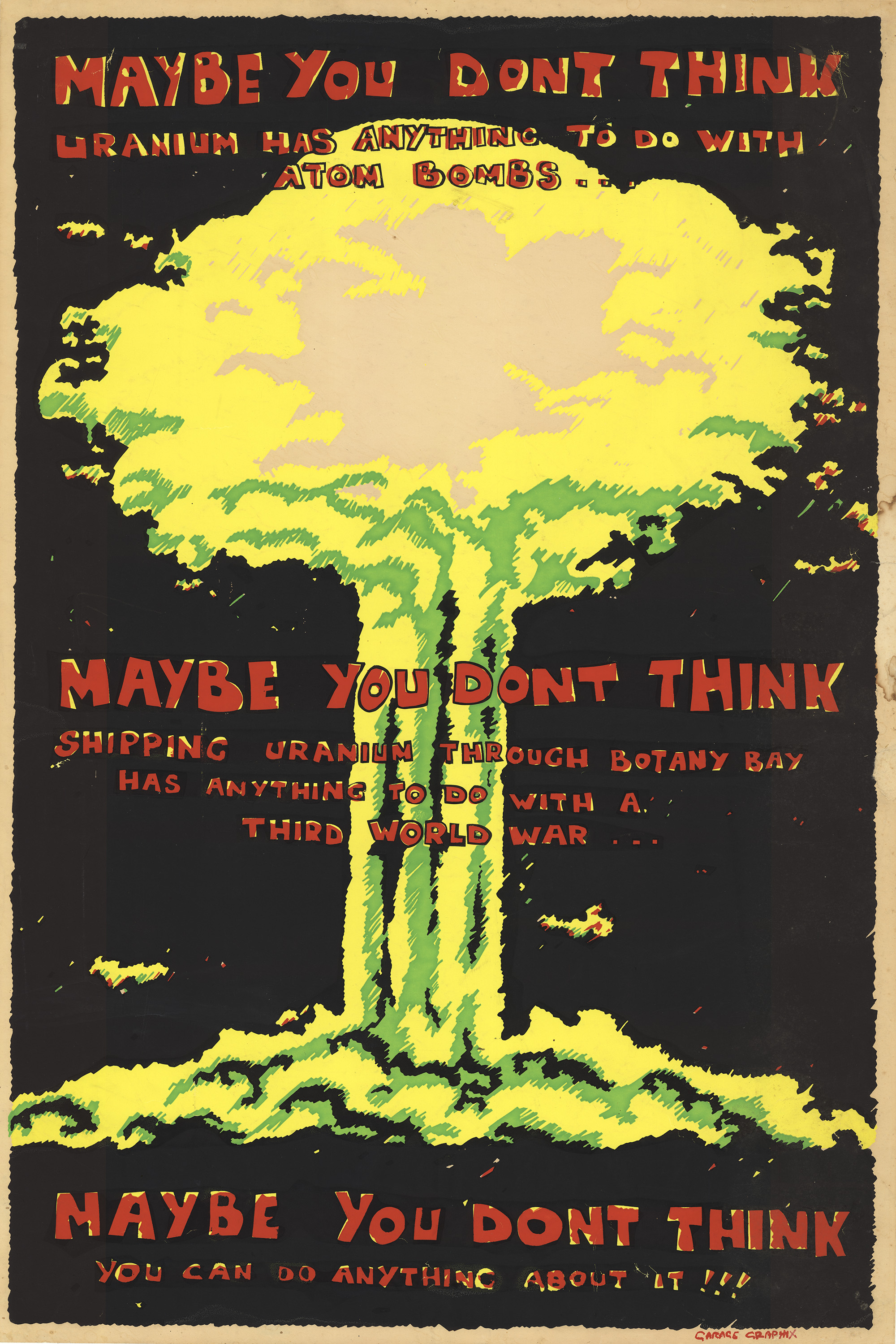 Poster showing post explosion mushroom cloud with red writing. 