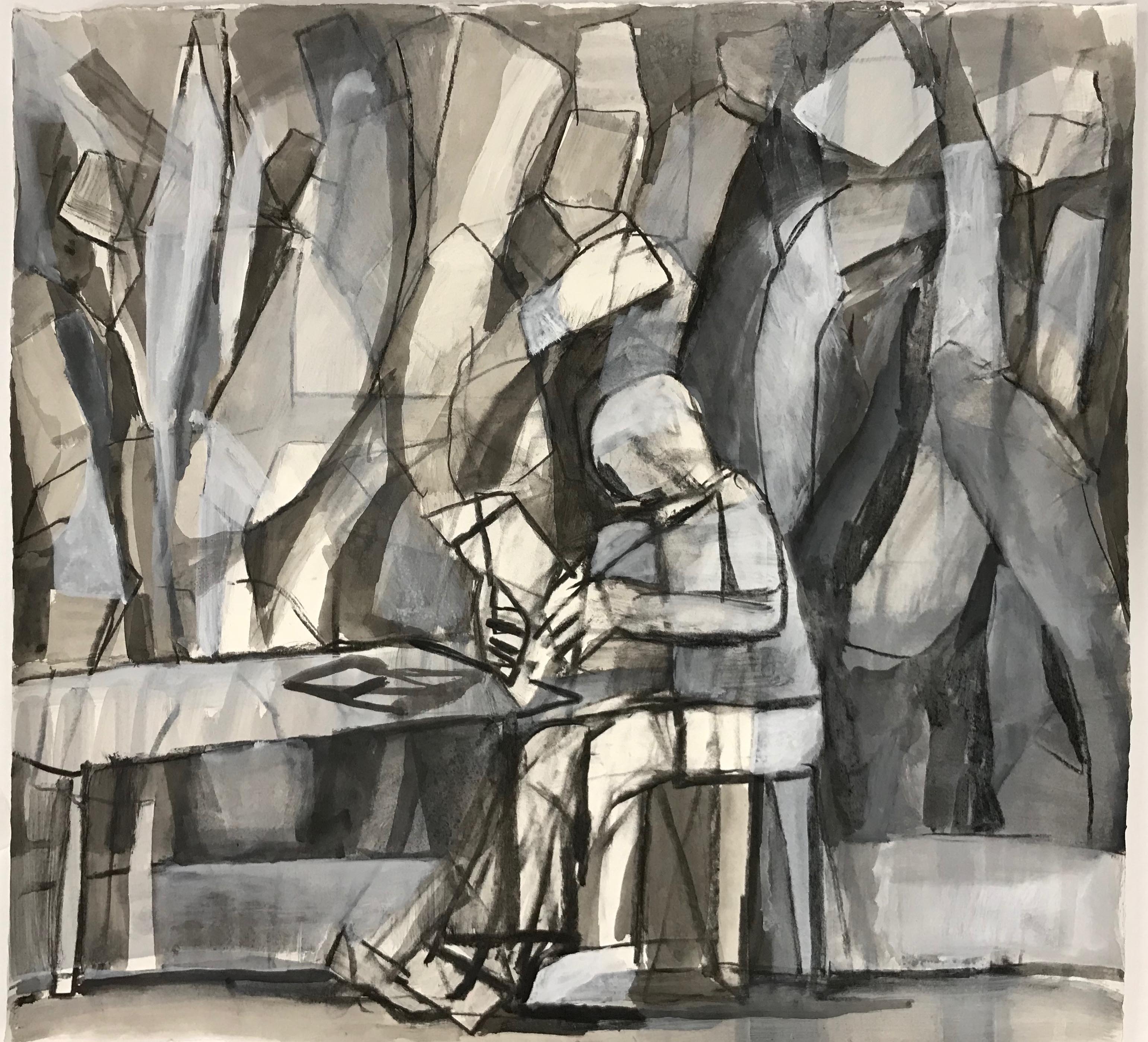 Charcoal drawing of a someone seating at a desk reading. 